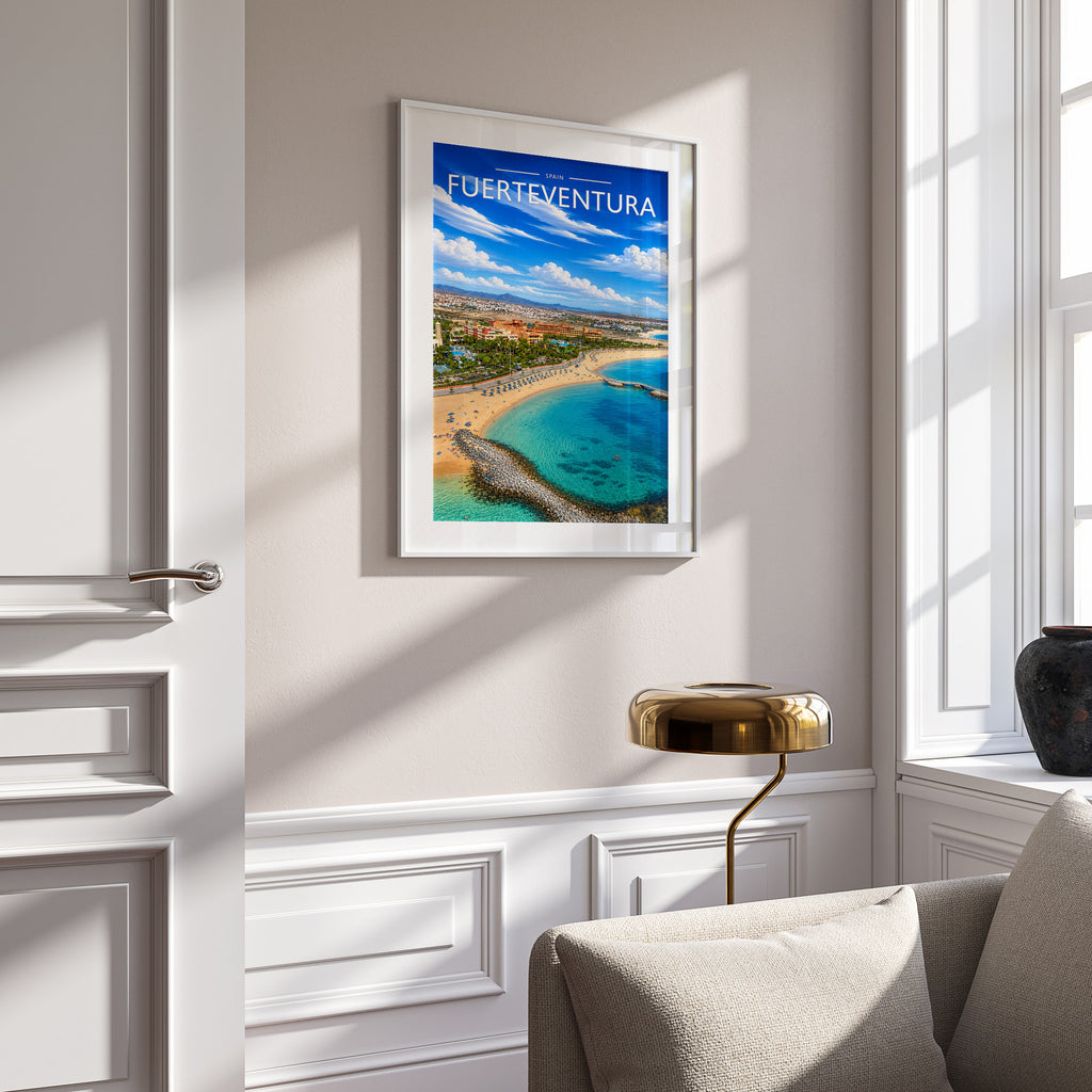 Fuerteventura Travel Poster in a white frame on a panelled wall