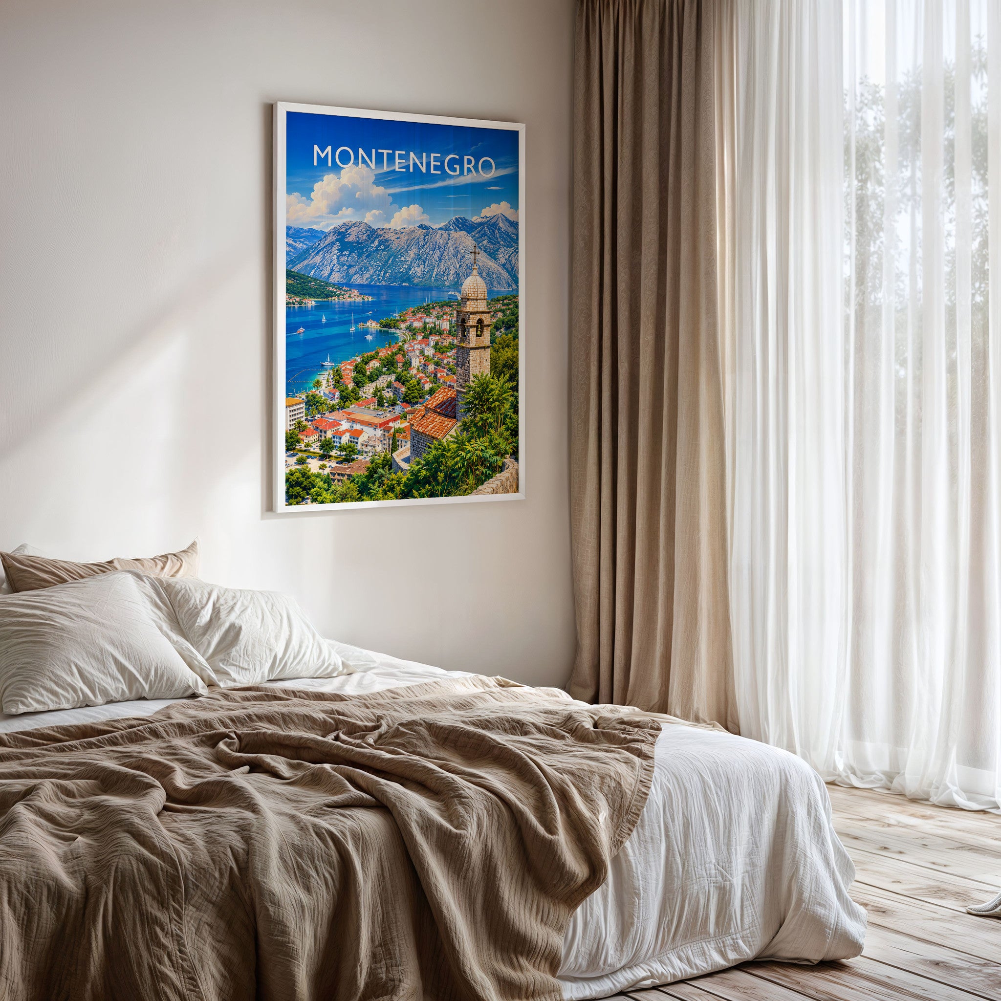 Montenegro Travel Poster framed on a bedroom wall
