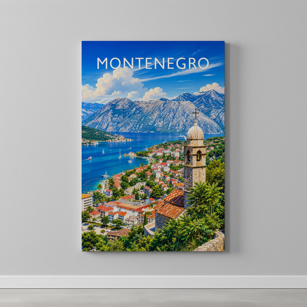 Montenegro Travel Poster as a gallery-wrapped canvas on a plain wall