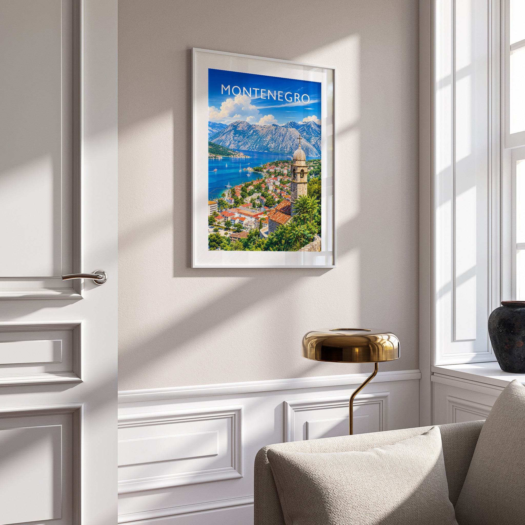 Montenegro Travel Poster in a white frame on a panelled wall