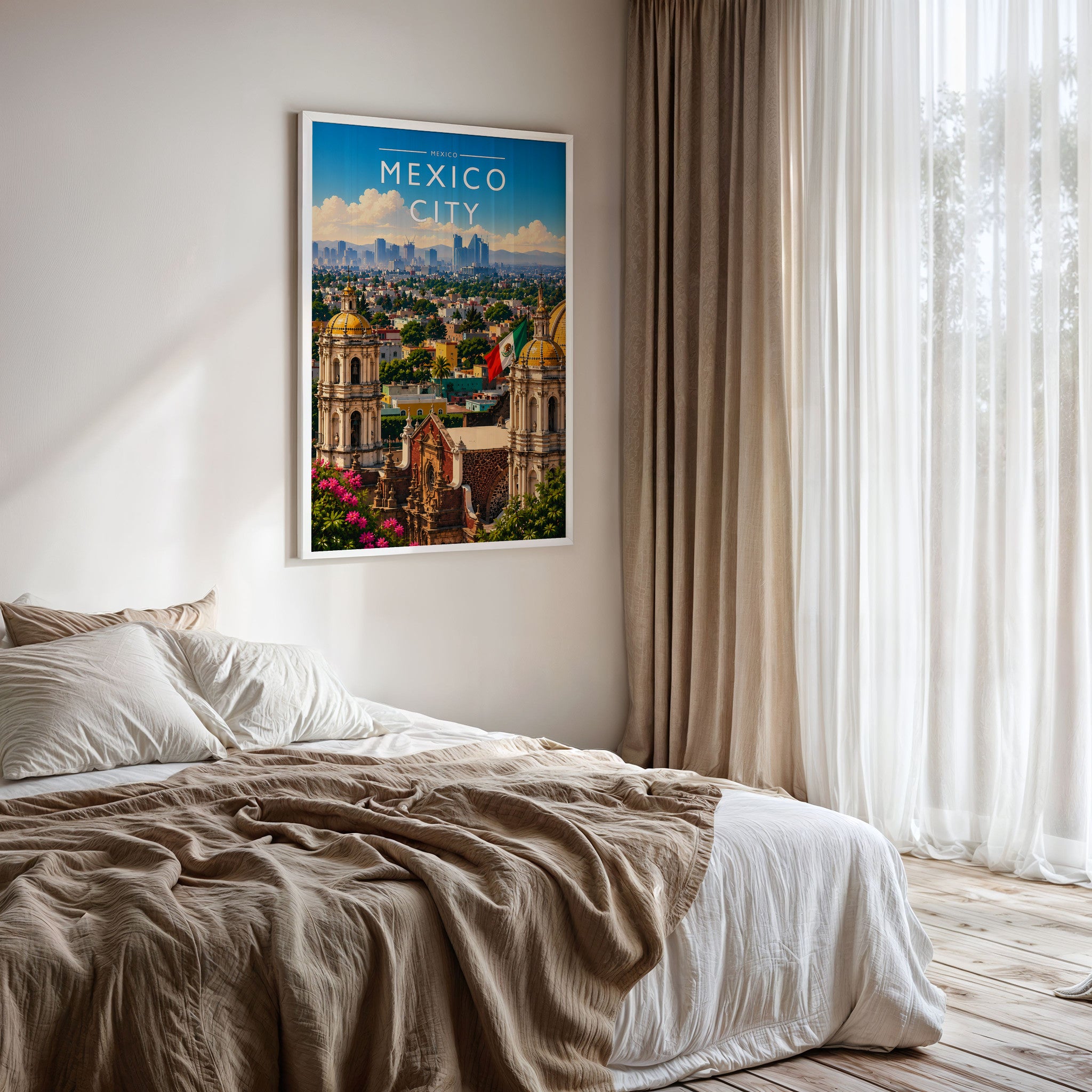 Mexico City #3 Travel Poster framed on a bedroom wall