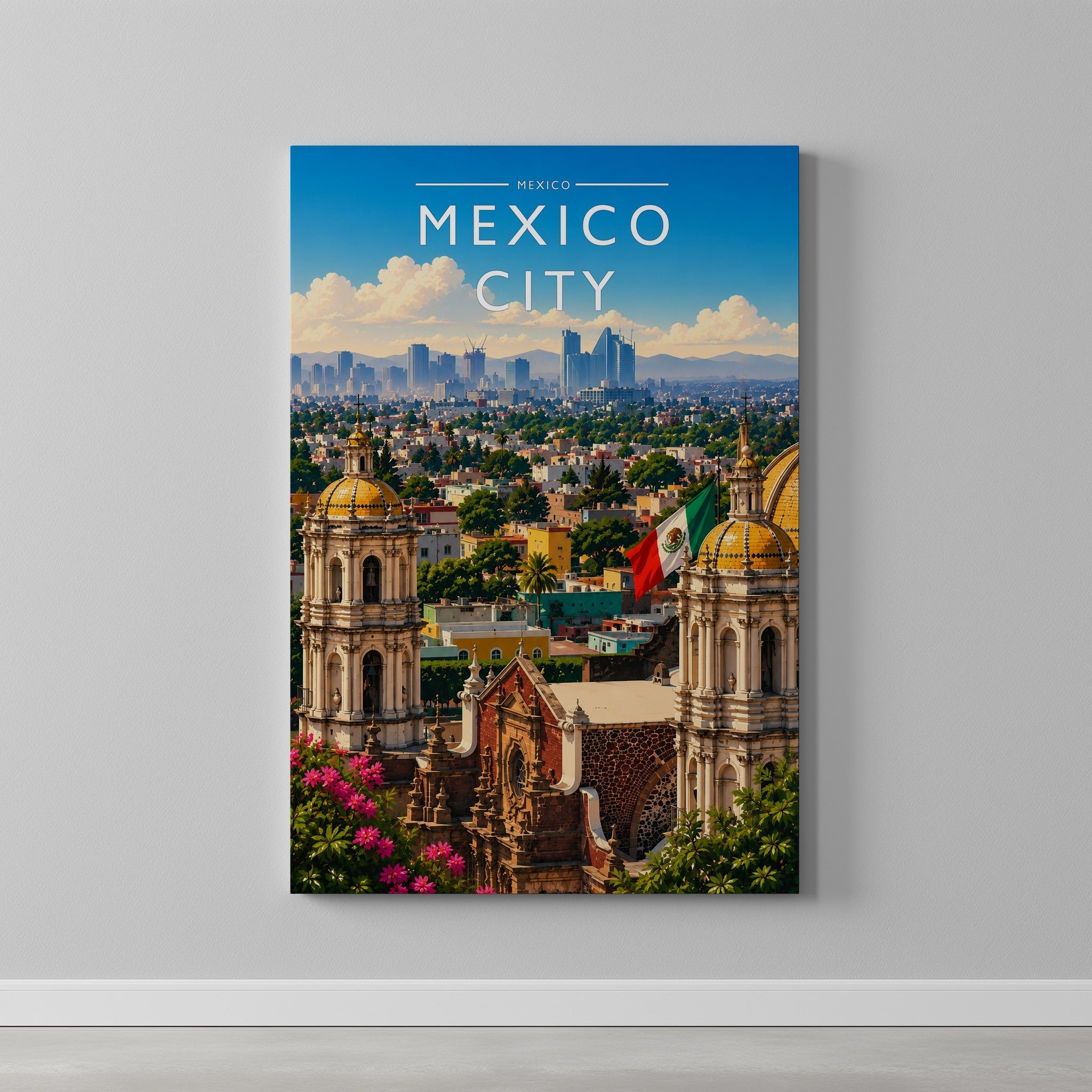 Mexico City #3 Travel Poster as a gallery-wrapped canvas on a plain wall