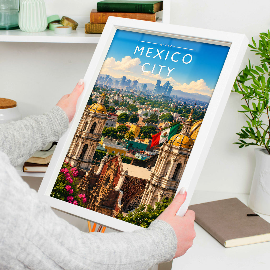 Mexico City #3 Travel Poster in a white frame, held to show scale