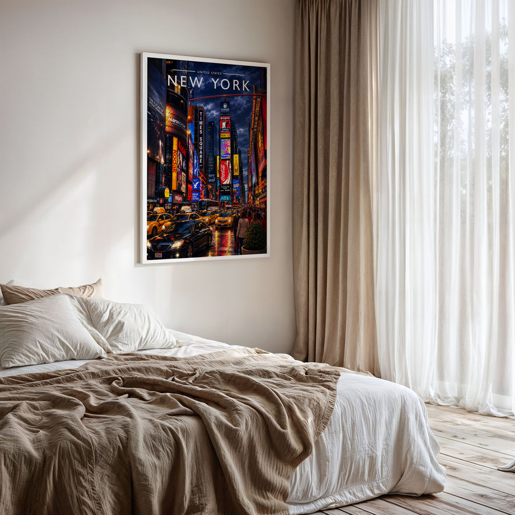 New York #4 Travel Poster framed on a bedroom wall