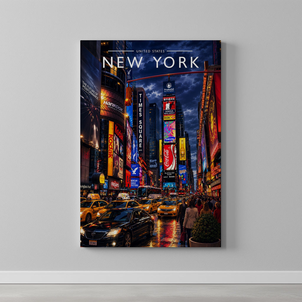 New York #4 Travel Poster as a gallery-wrapped canvas on a plain wall