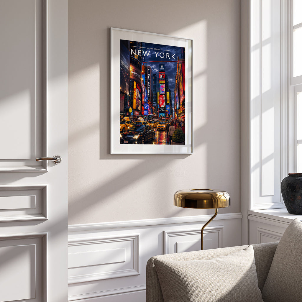 New York #4 Travel Poster in a white frame on a panelled wall