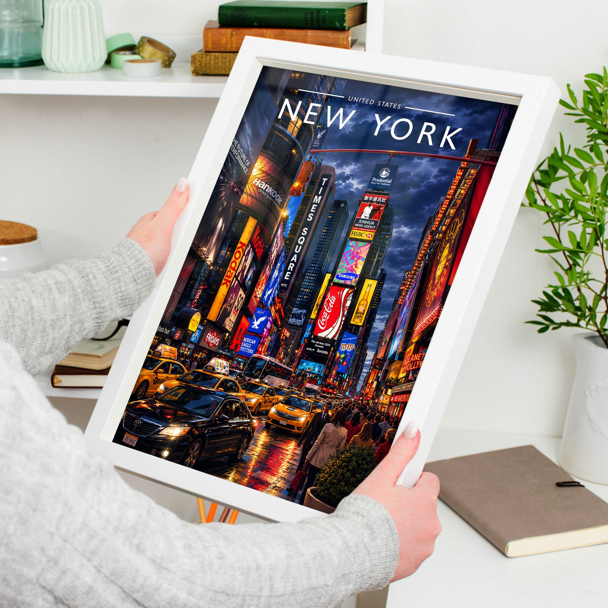 New York #4 Travel Poster in a white frame, held to show scale
