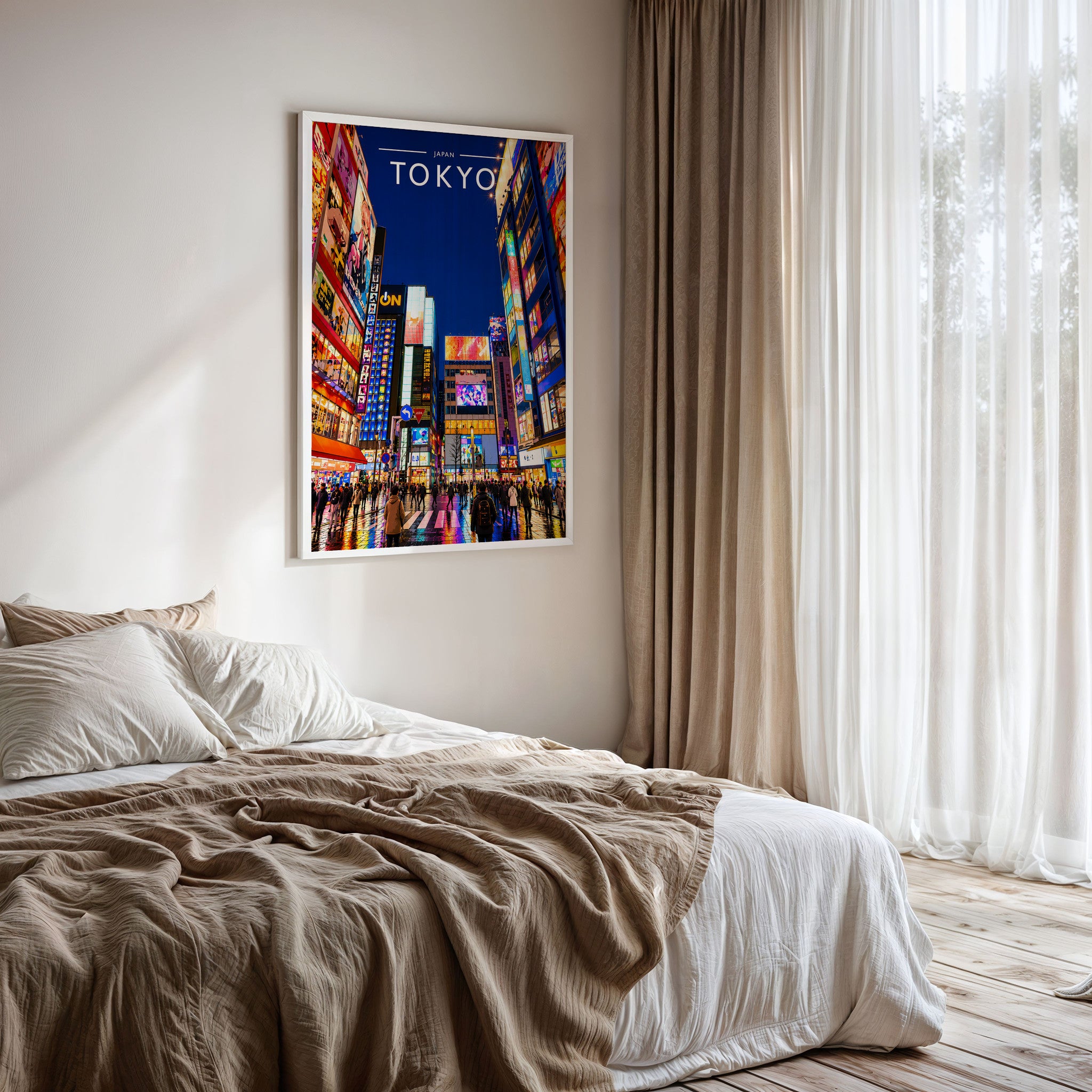 Tokyo #2 Travel Poster framed on a bedroom wall