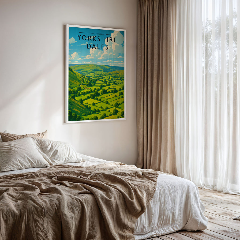 Yorkshire Dales Travel Poster framed on a bedroom wall