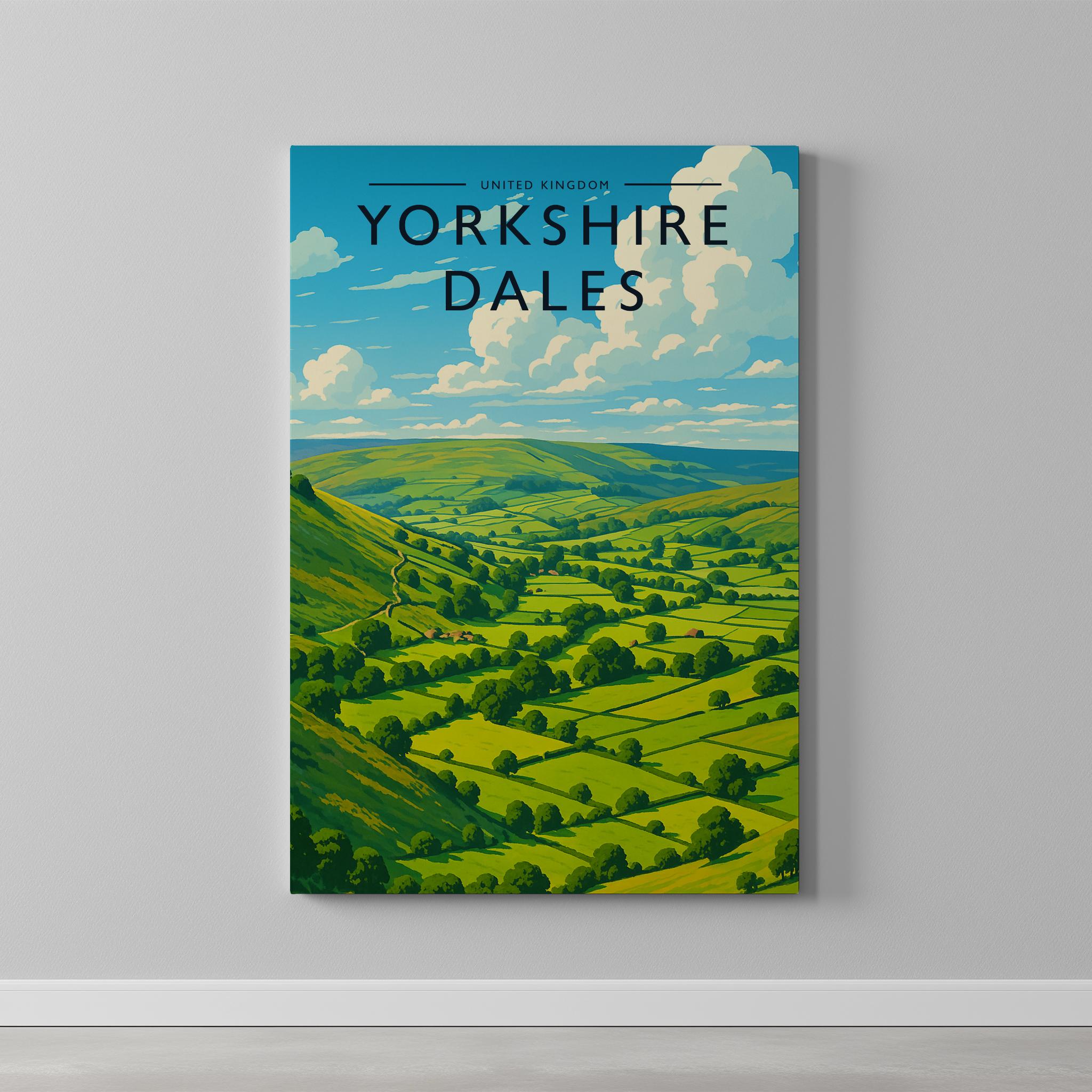 Yorkshire Dales Travel Poster as a gallery-wrapped canvas on a plain wall