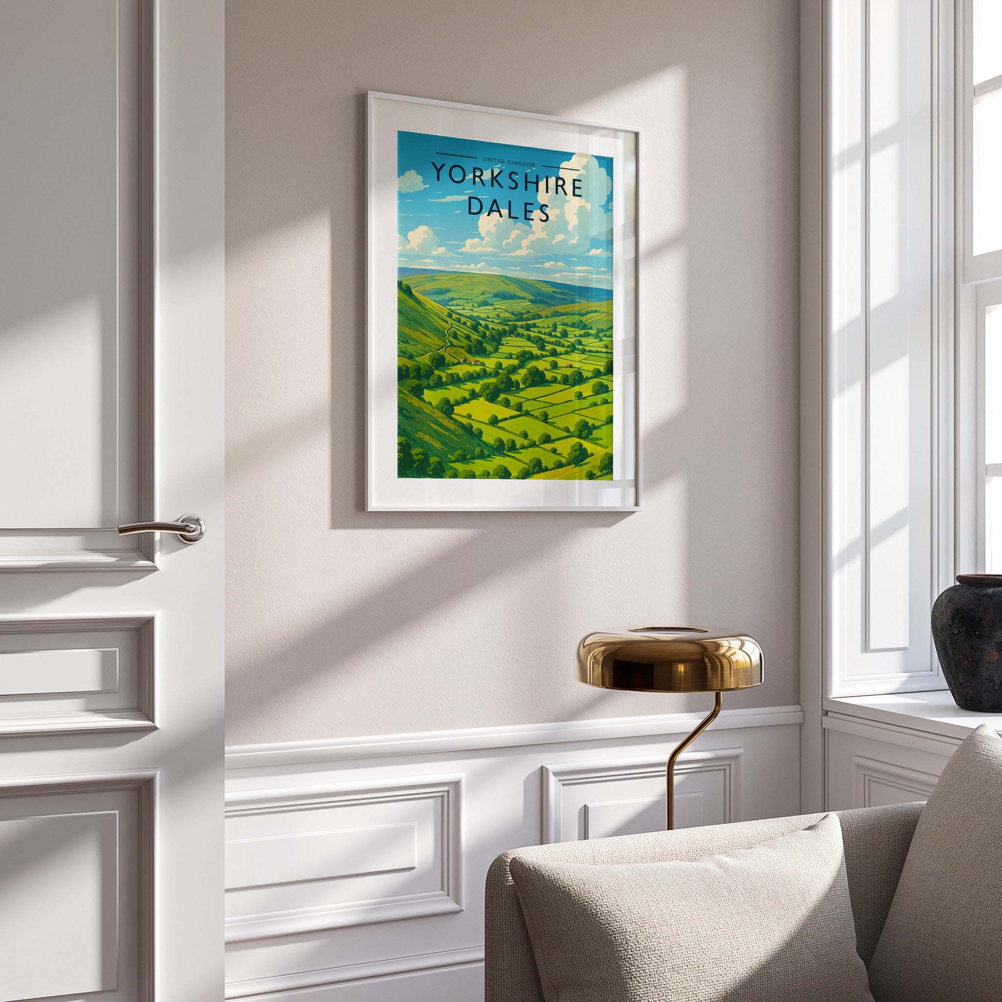 Yorkshire Dales Travel Poster in a white frame on a panelled wall