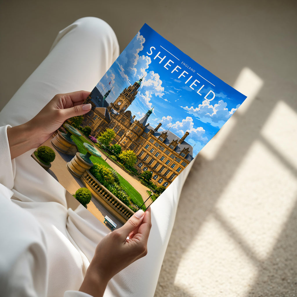 Sheffield Travel Poster - A4 print held in hand