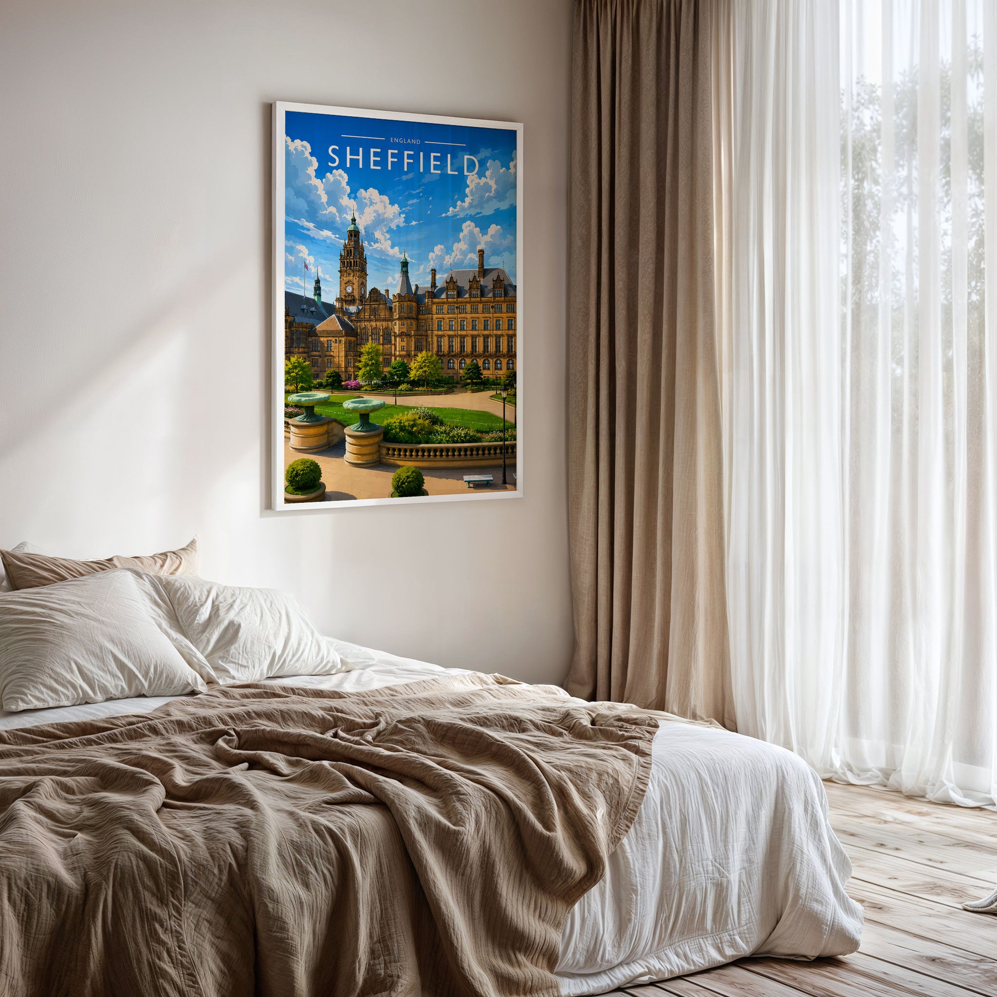 Sheffield Travel Poster framed on a bedroom wall