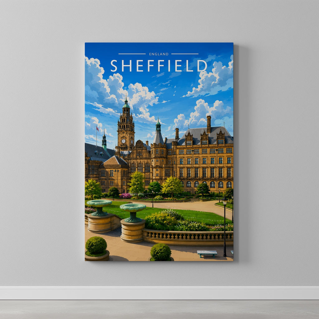 Sheffield Travel Poster as a gallery-wrapped canvas on a plain wall