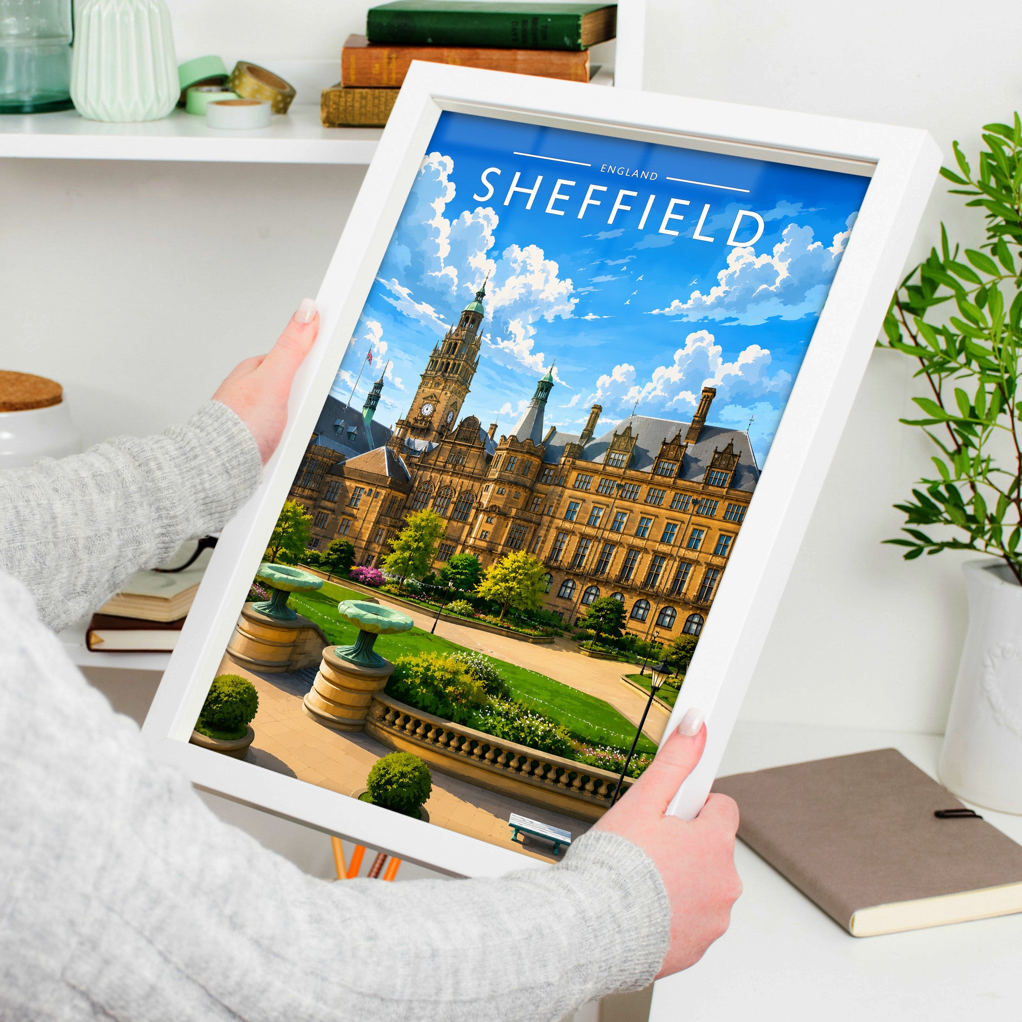 Sheffield Travel Poster in a white frame, held to show scale