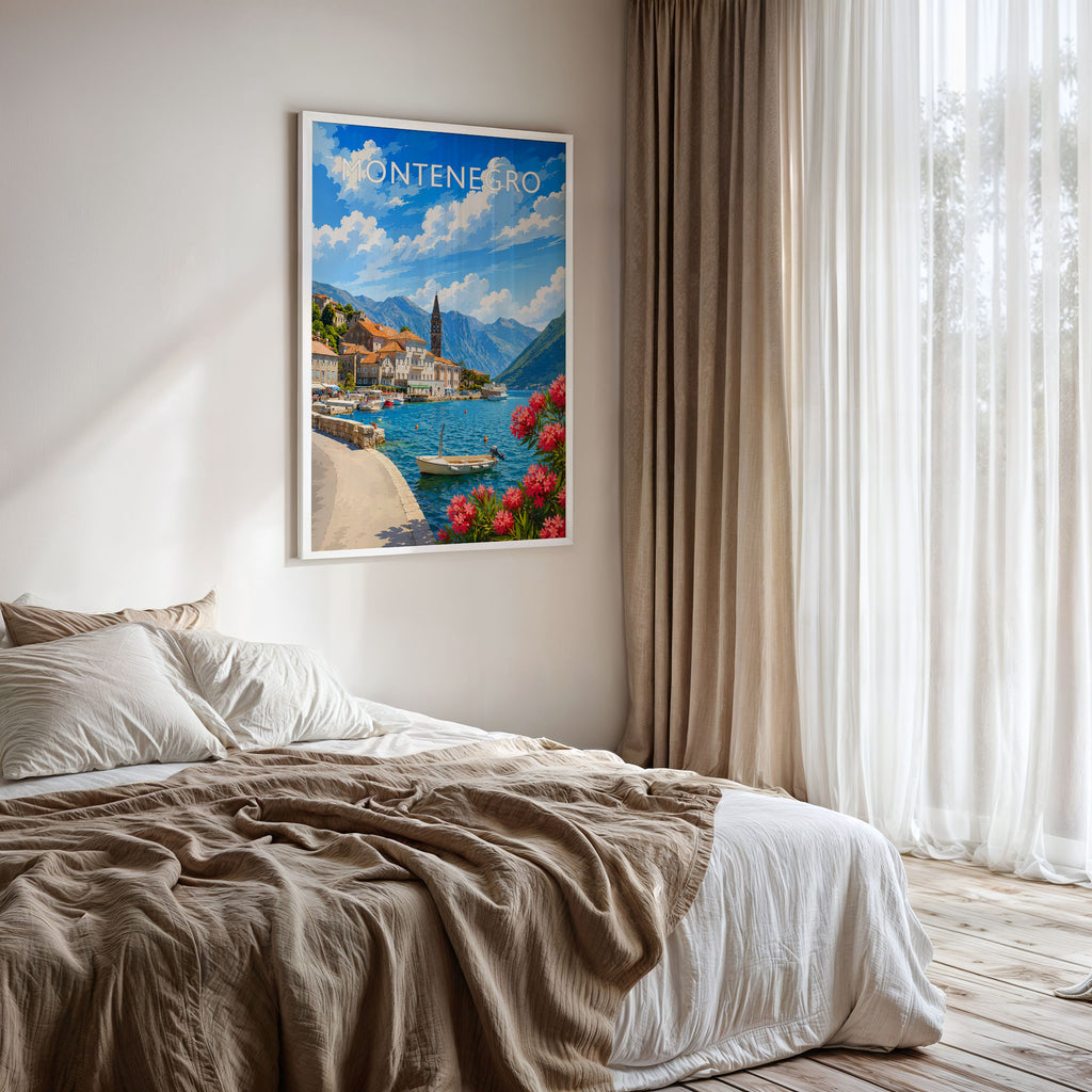 Montenegro #2 Travel Poster framed on a bedroom wall
