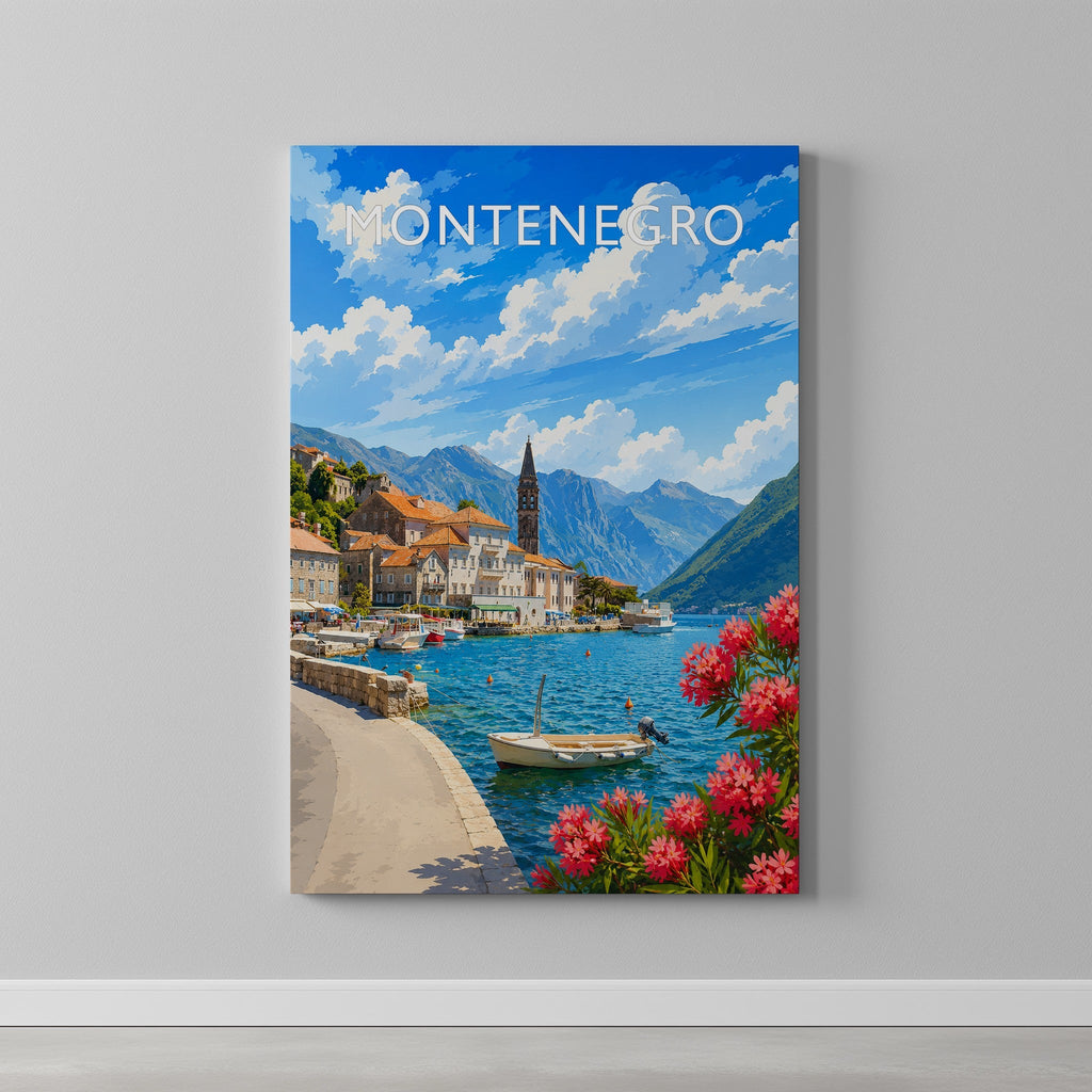 Montenegro #2 Travel Poster as a gallery-wrapped canvas on a plain wall