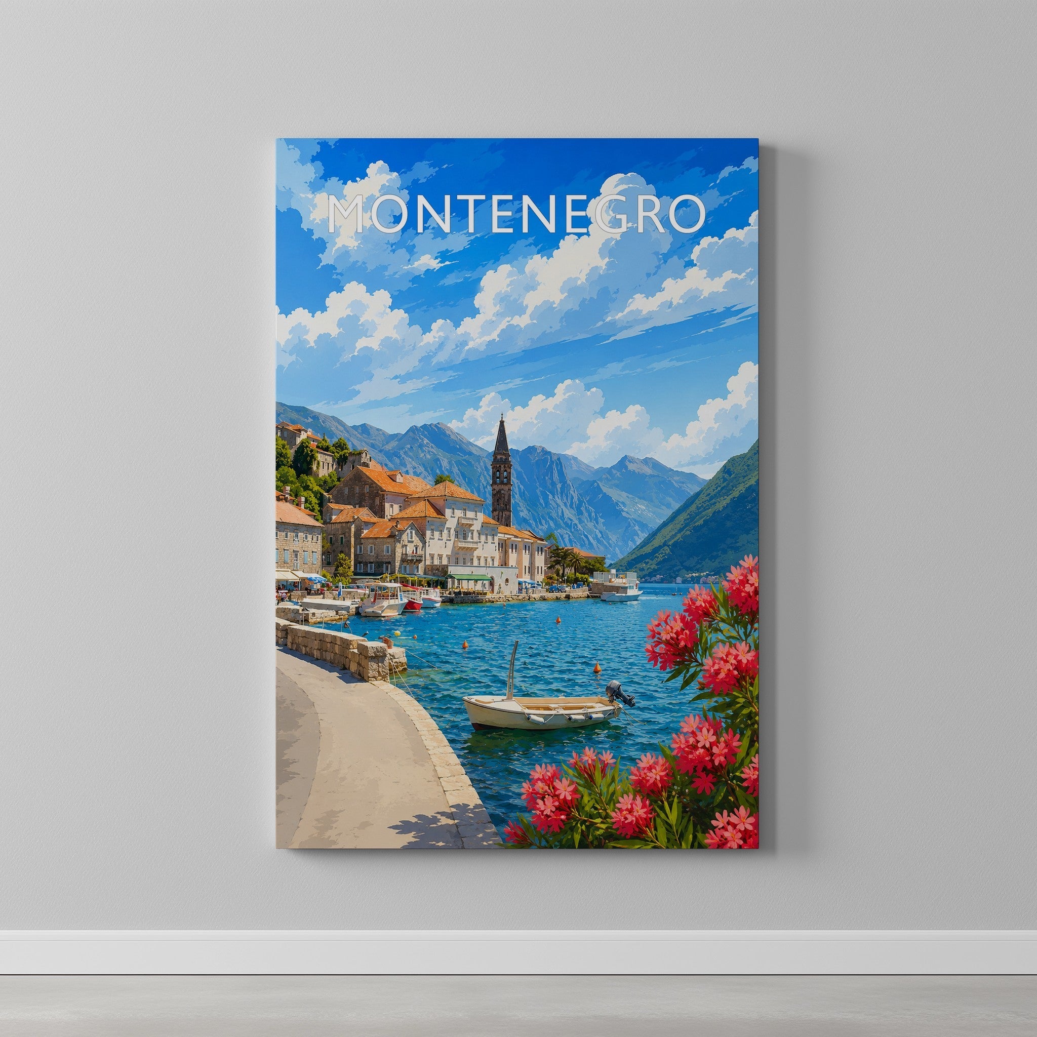 Montenegro #2 Travel Poster as a gallery-wrapped canvas on a plain wall