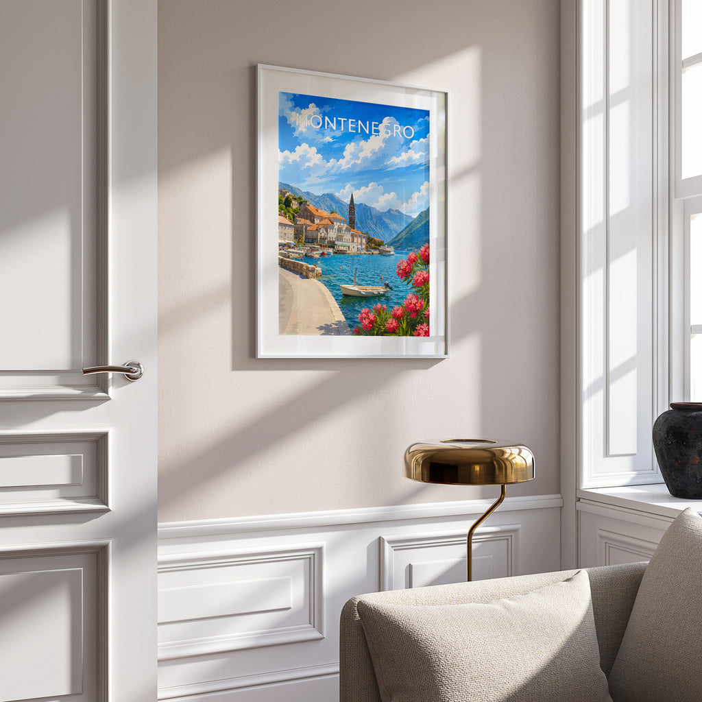 Montenegro #2 Travel Poster in a white frame on a panelled wall