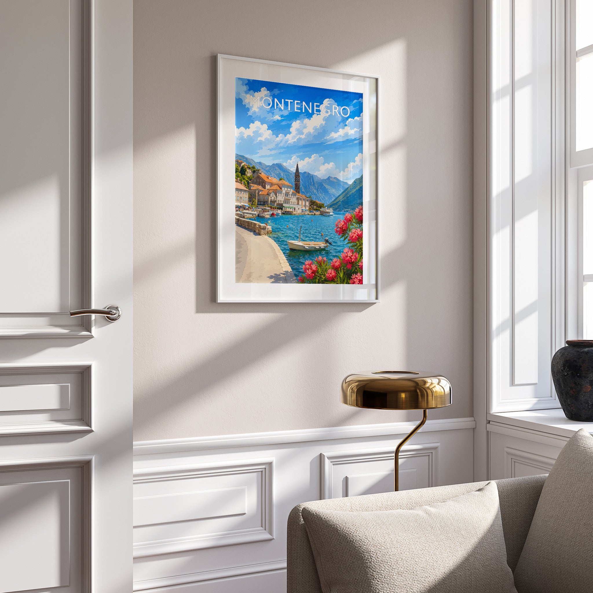 Montenegro #2 Travel Poster in a white frame on a panelled wall