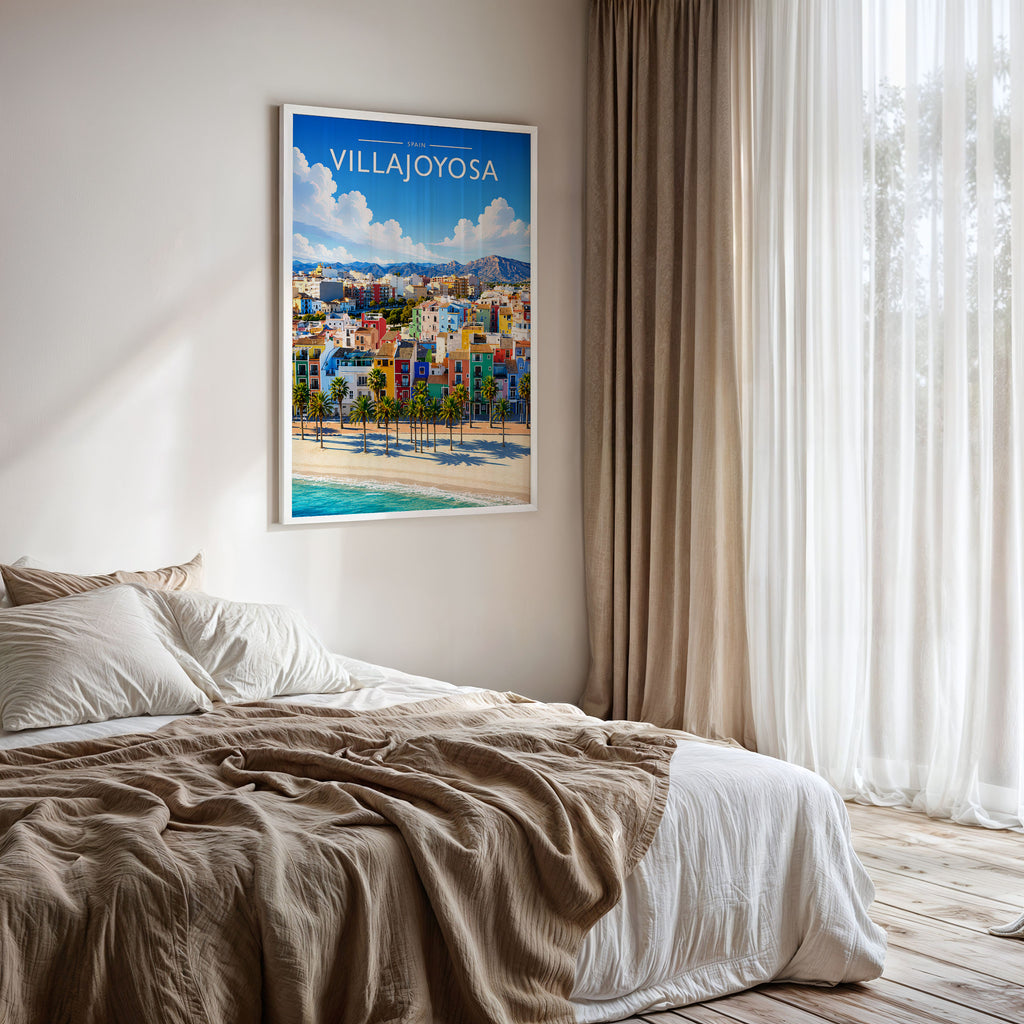Villajoyosa Travel Poster framed on a bedroom wall
