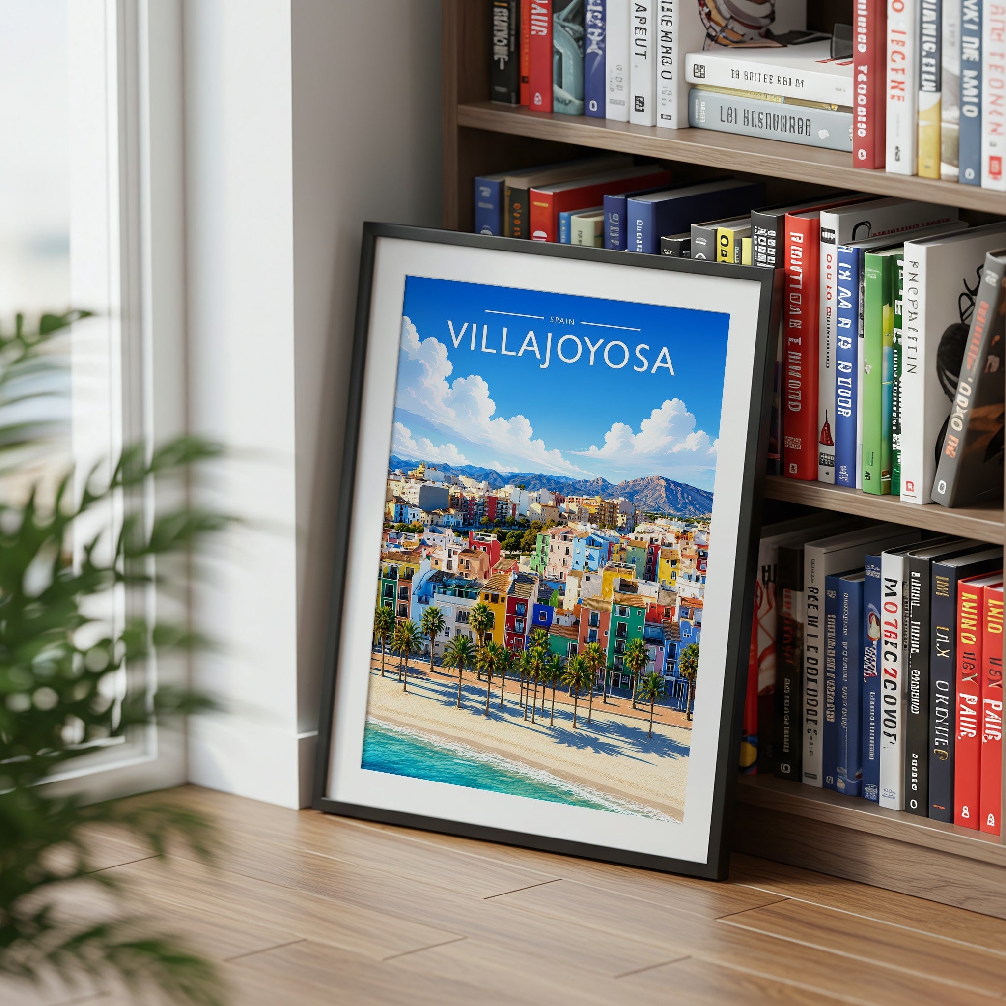 Villajoyosa Travel Poster mounted in a black frame