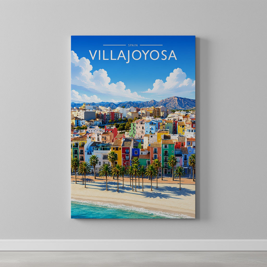 Villajoyosa Travel Poster as a gallery-wrapped canvas on a plain wall