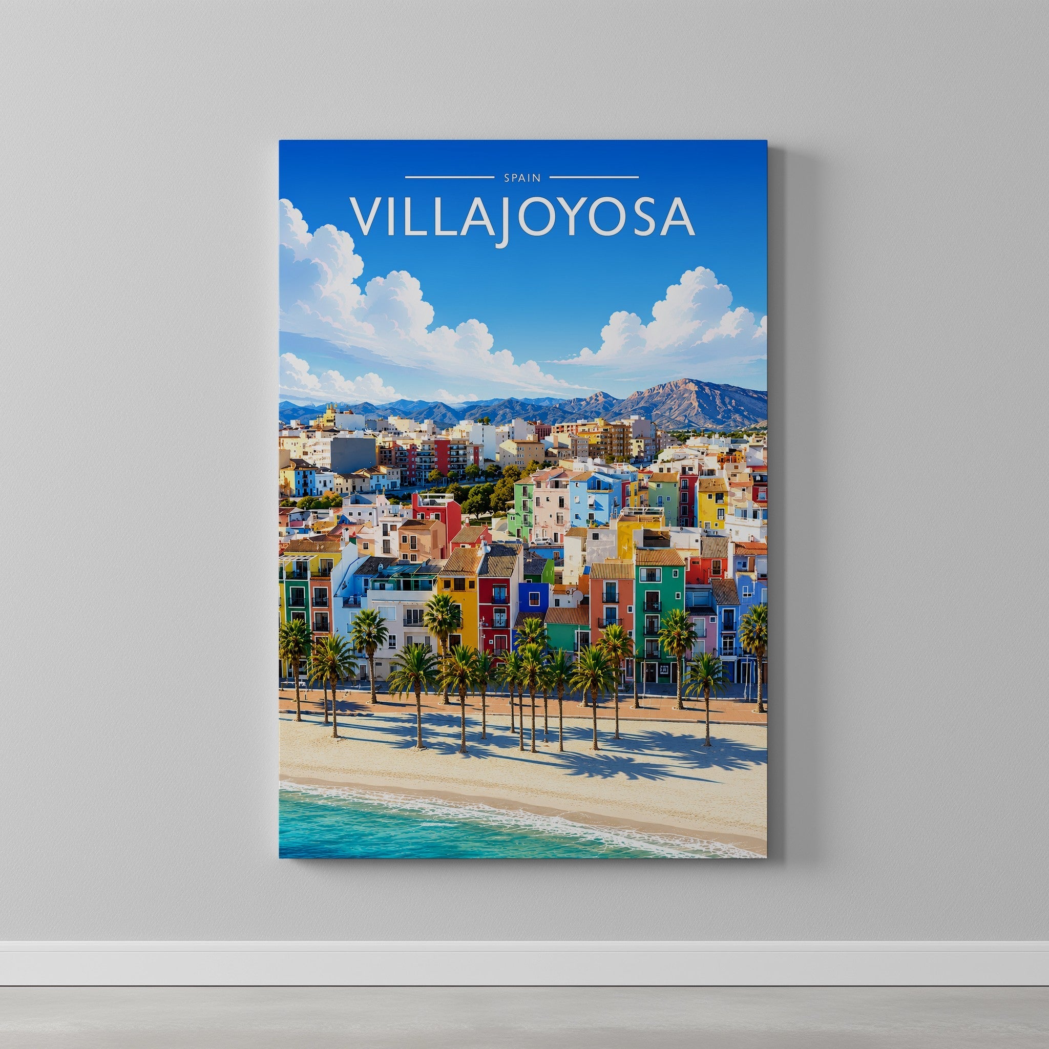 Villajoyosa Travel Poster as a gallery-wrapped canvas on a plain wall