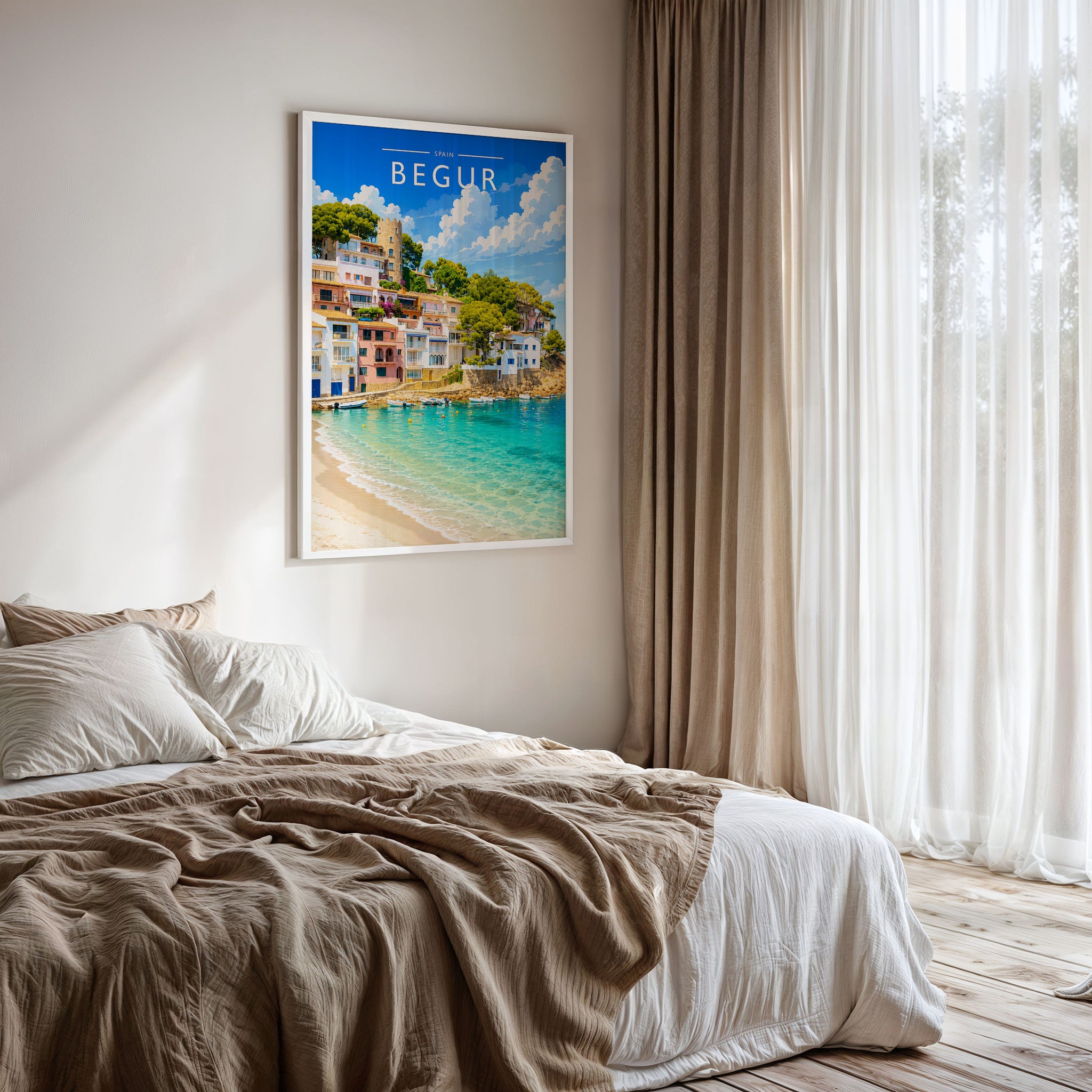Begur Travel Poster framed on a bedroom wall