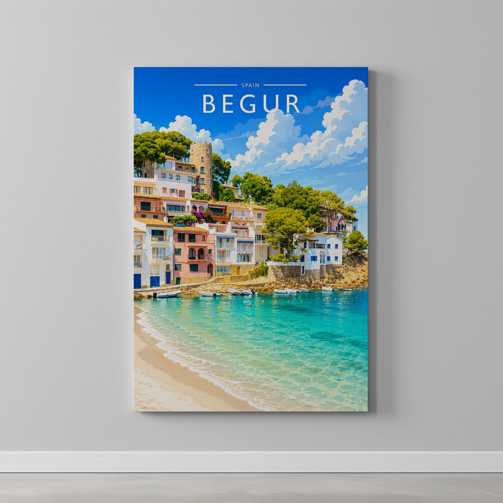 Begur Travel Poster as a gallery-wrapped canvas on a plain wall