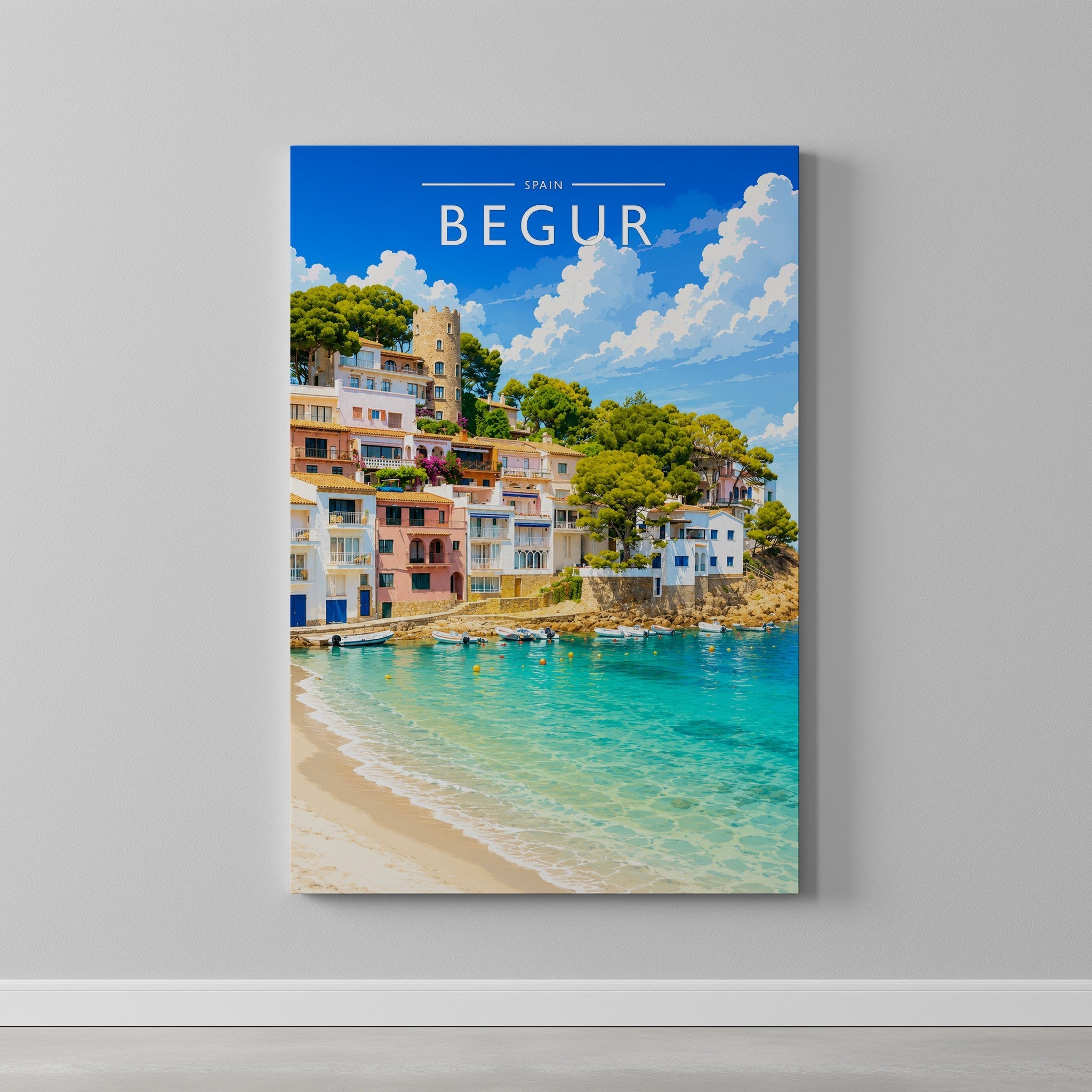 Begur Travel Poster as a gallery-wrapped canvas on a plain wall