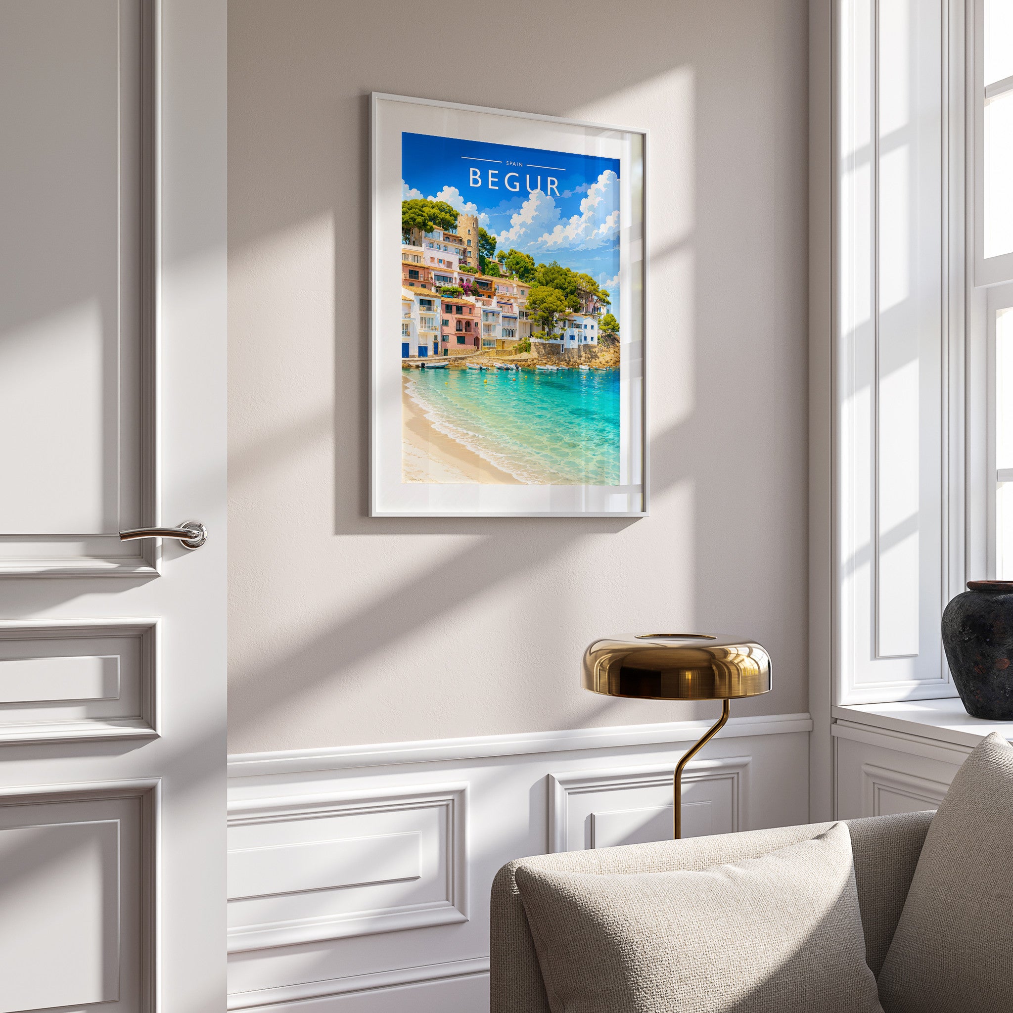 Begur Travel Poster in a white frame on a panelled wall
