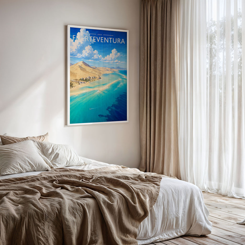 Fuerteventura #2 Travel Poster framed on a bedroom wall