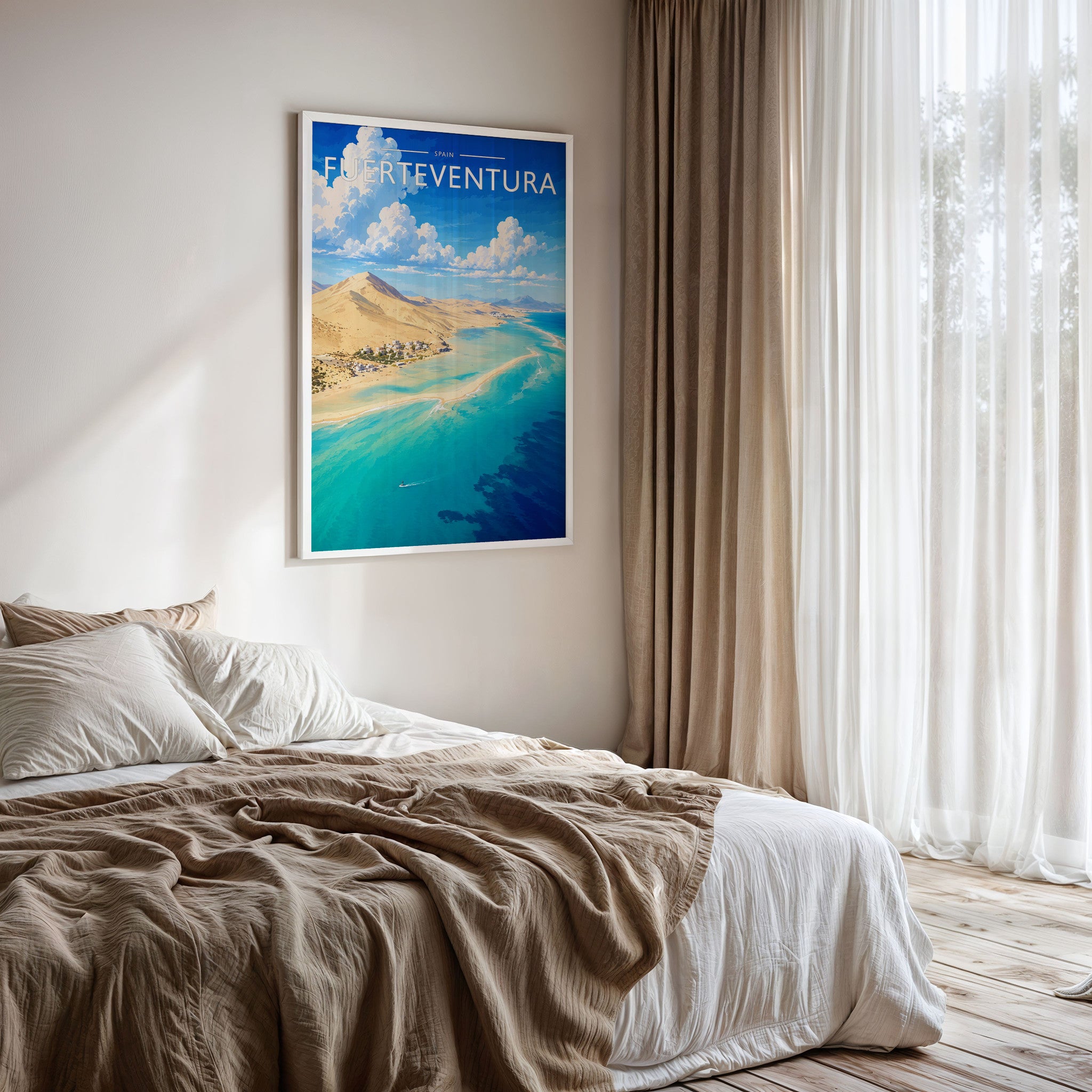 Fuerteventura #2 Travel Poster framed on a bedroom wall