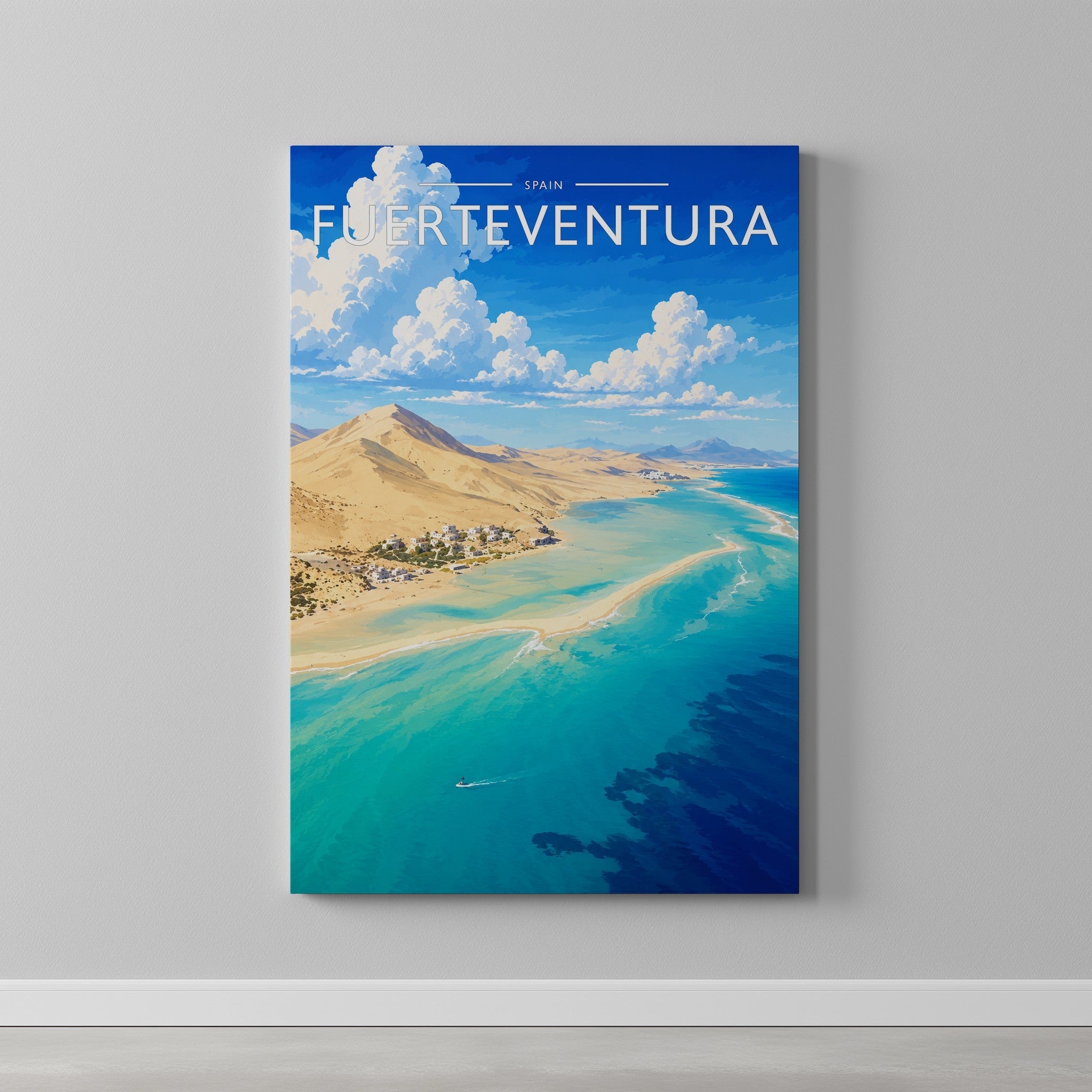 Fuerteventura #2 Travel Poster as a gallery-wrapped canvas on a plain wall