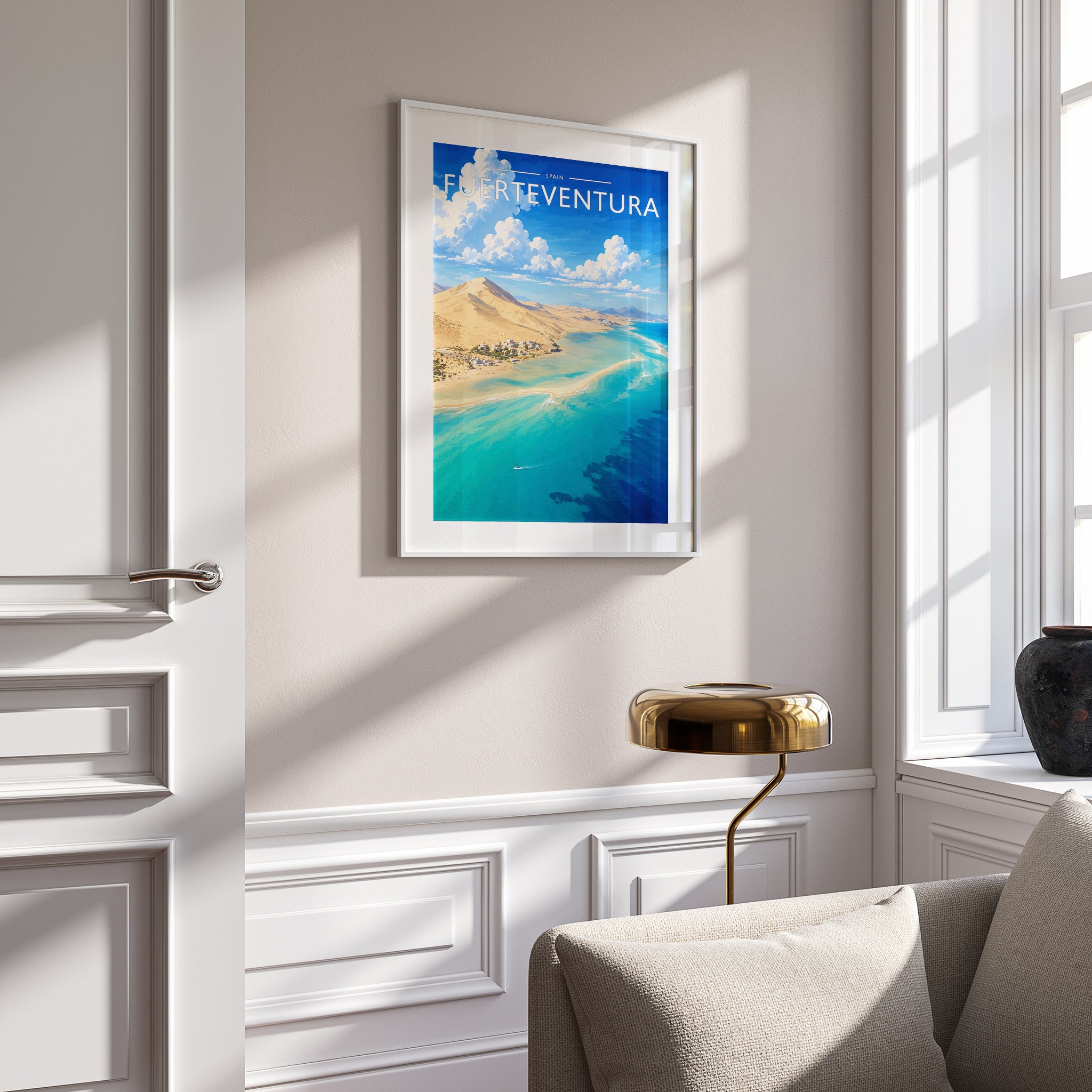 Fuerteventura #2 Travel Poster in a white frame on a panelled wall