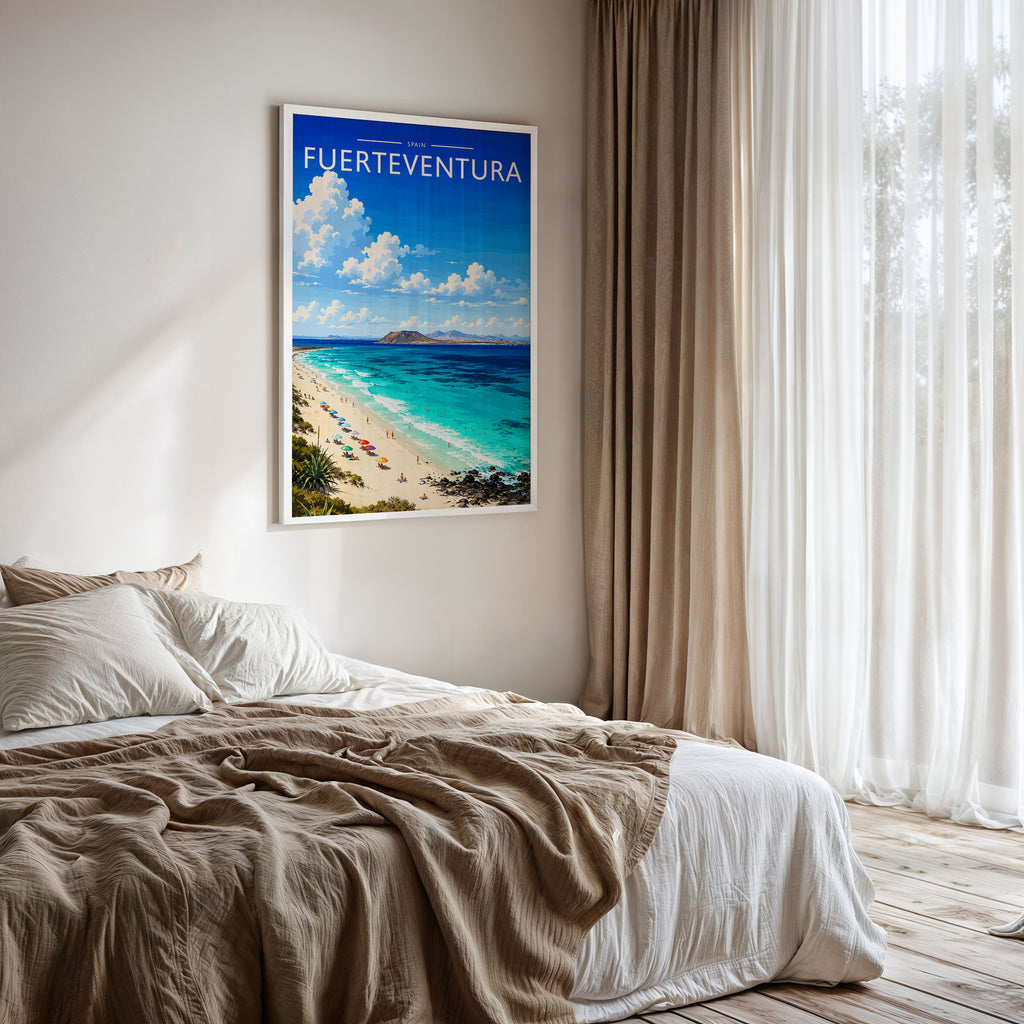 Fuerteventura #3 Travel Poster framed on a bedroom wall