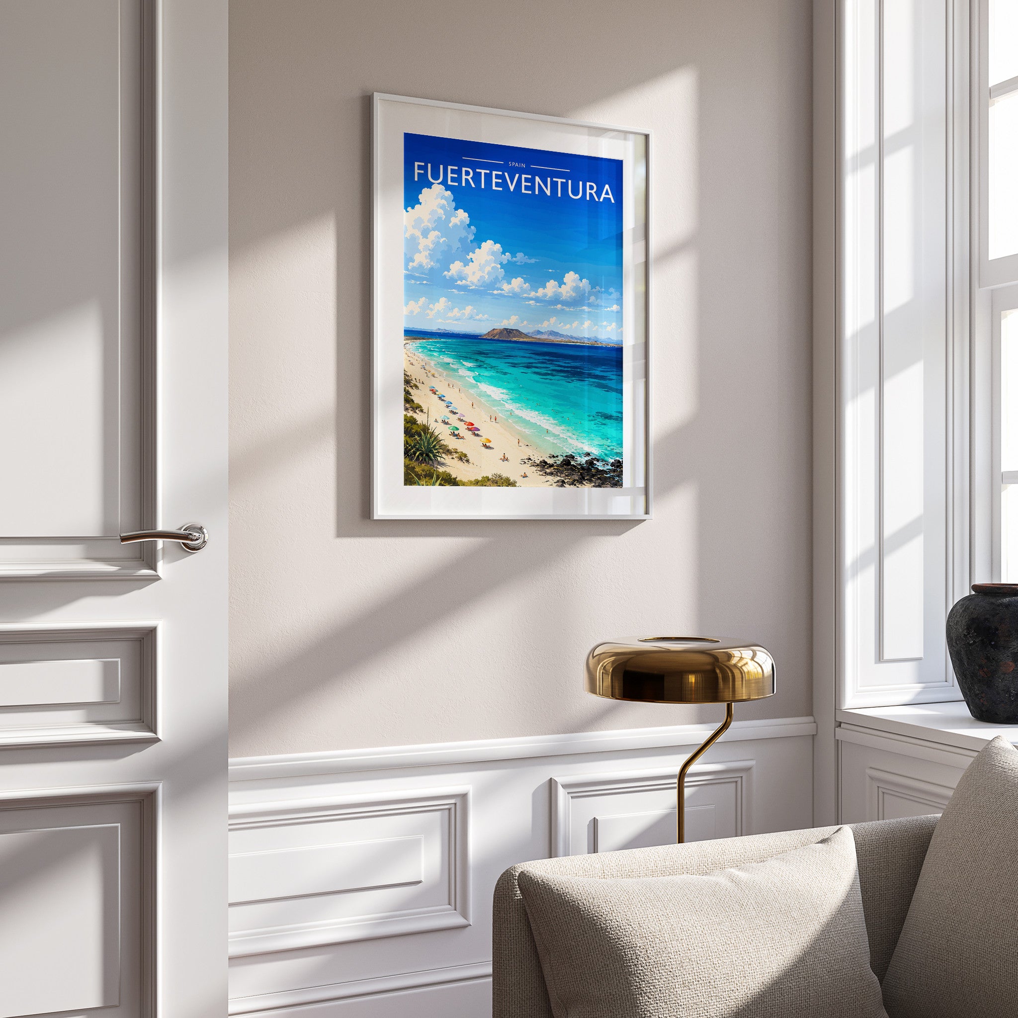 Fuerteventura #3 Travel Poster in a white frame on a panelled wall