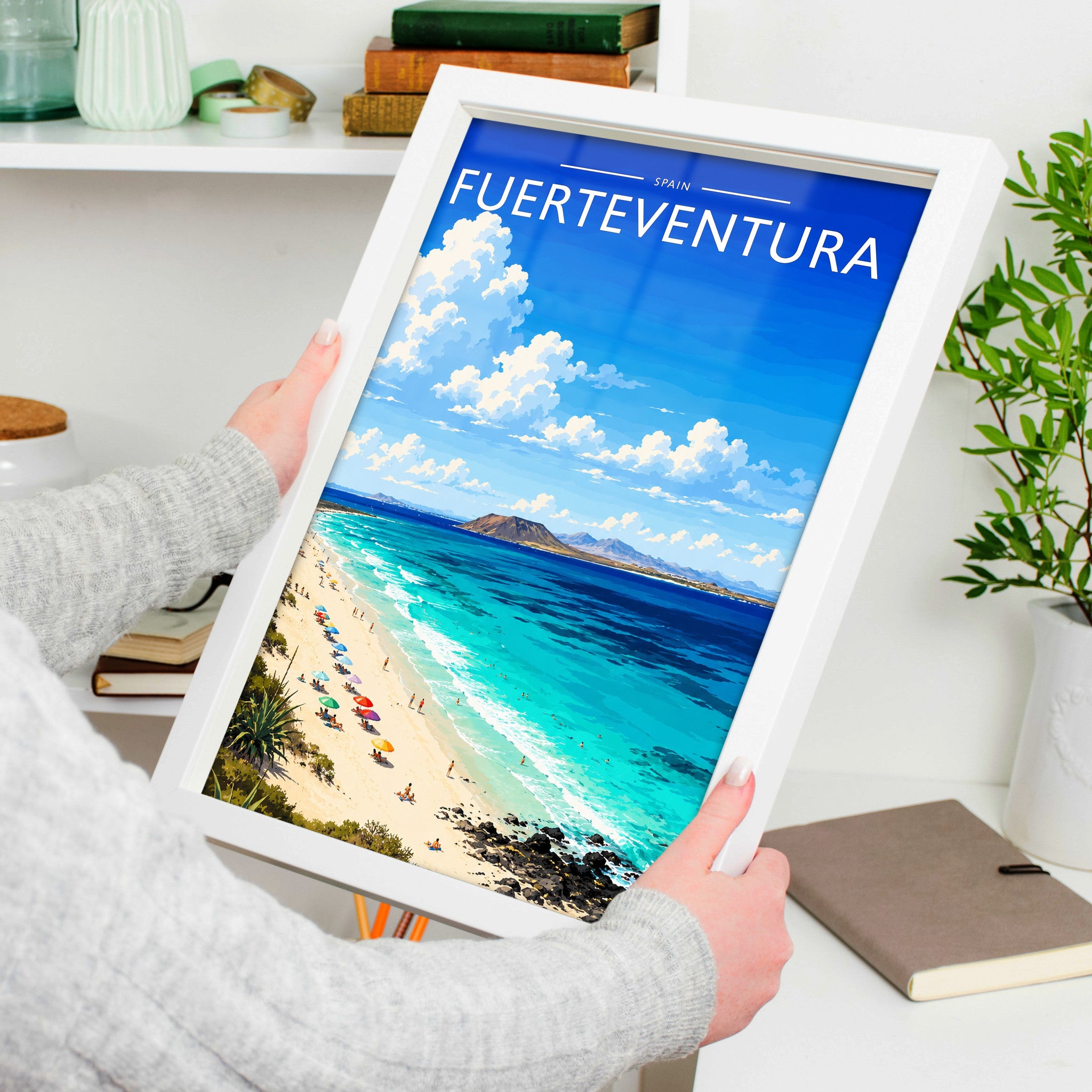 Fuerteventura #3 Travel Poster in a white frame, held to show scale