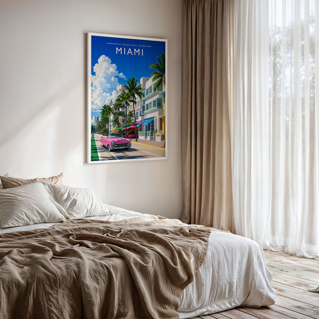 Miami #2 Travel Poster framed on a bedroom wall