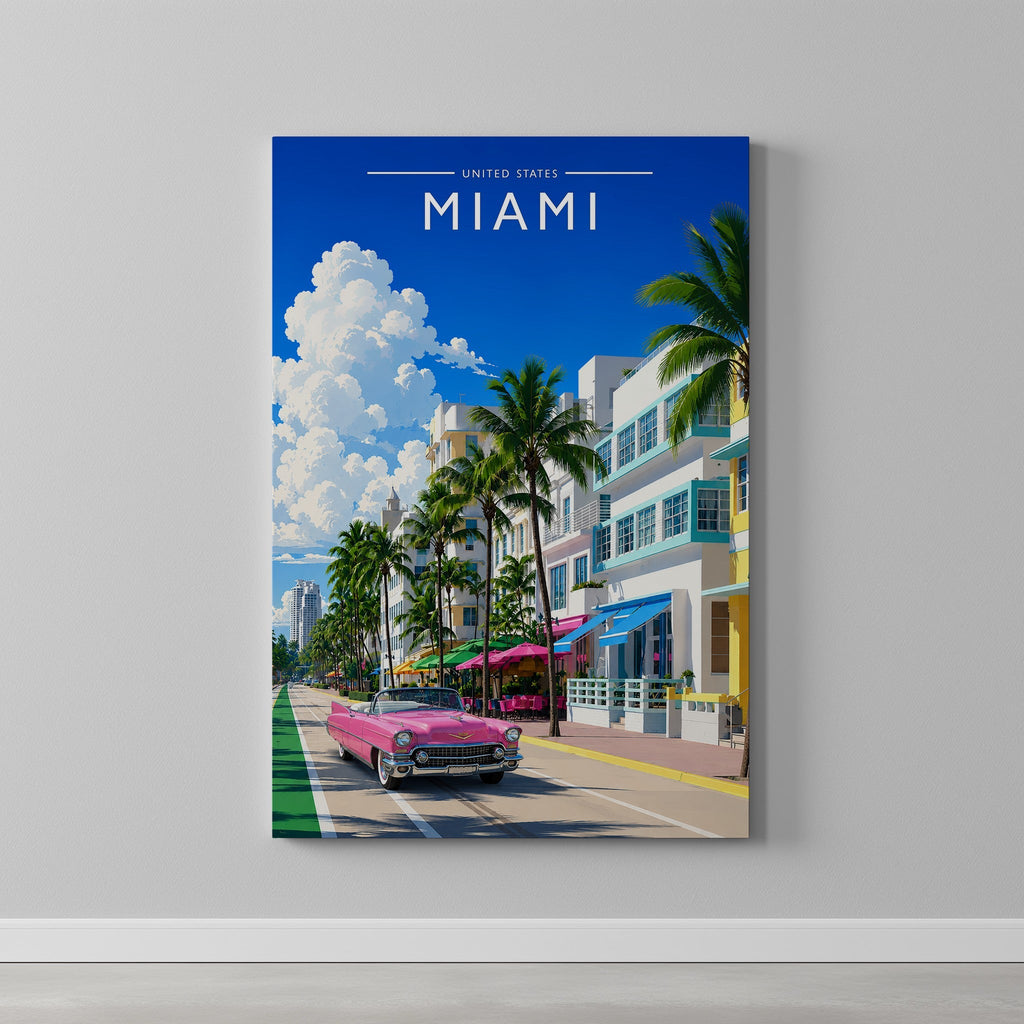 Miami #2 Travel Poster as a gallery-wrapped canvas on a plain wall
