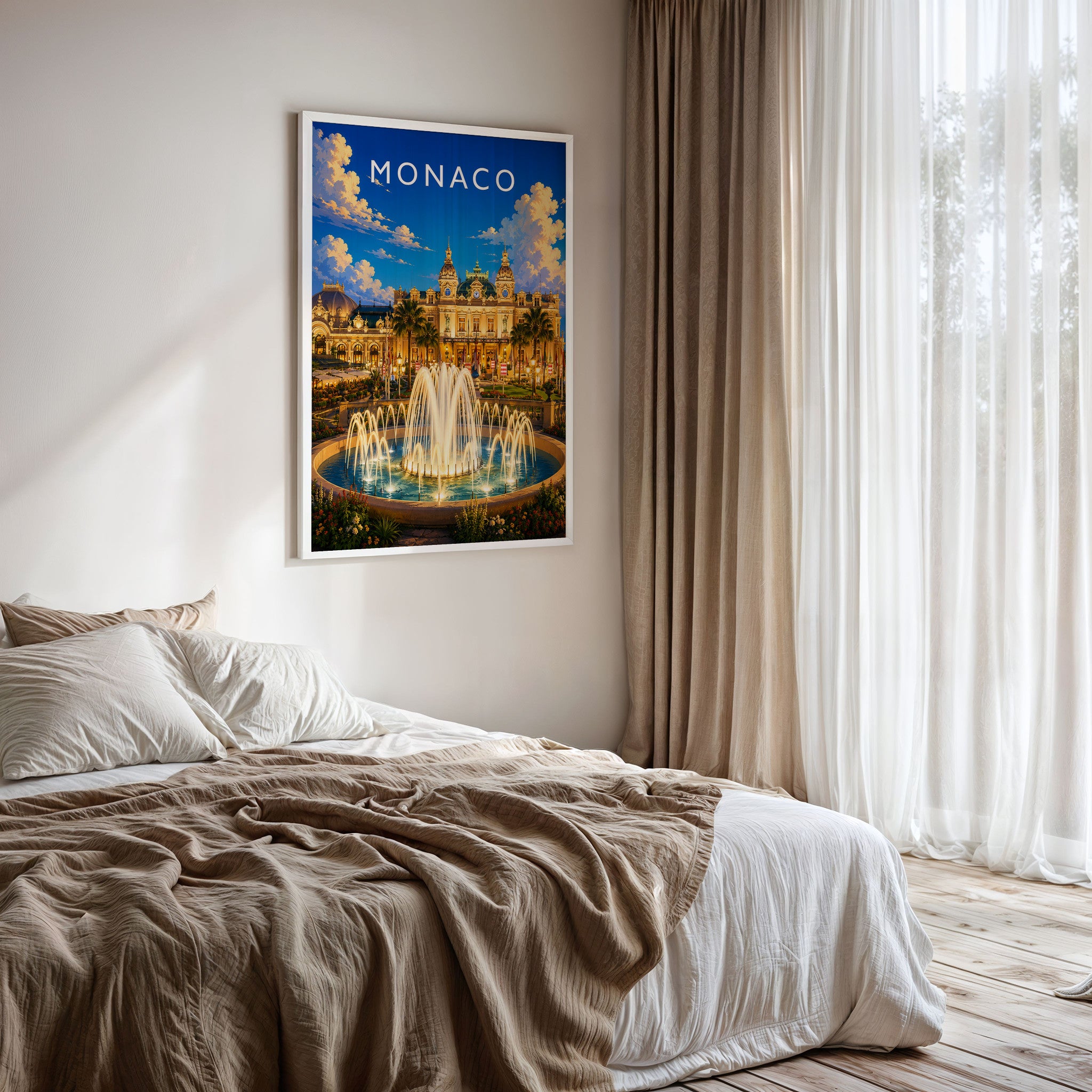 Monaco Travel Poster framed on a bedroom wall