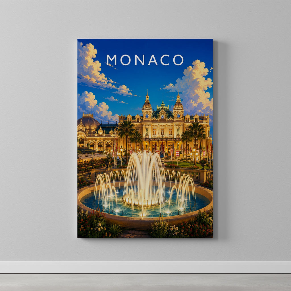 Monaco Travel Poster as a gallery-wrapped canvas on a plain wall