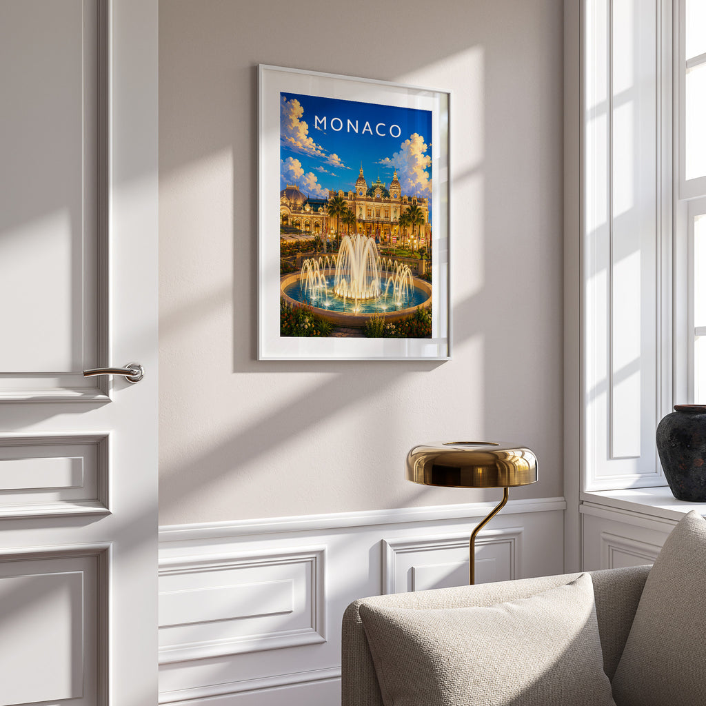Monaco Travel Poster in a white frame on a panelled wall
