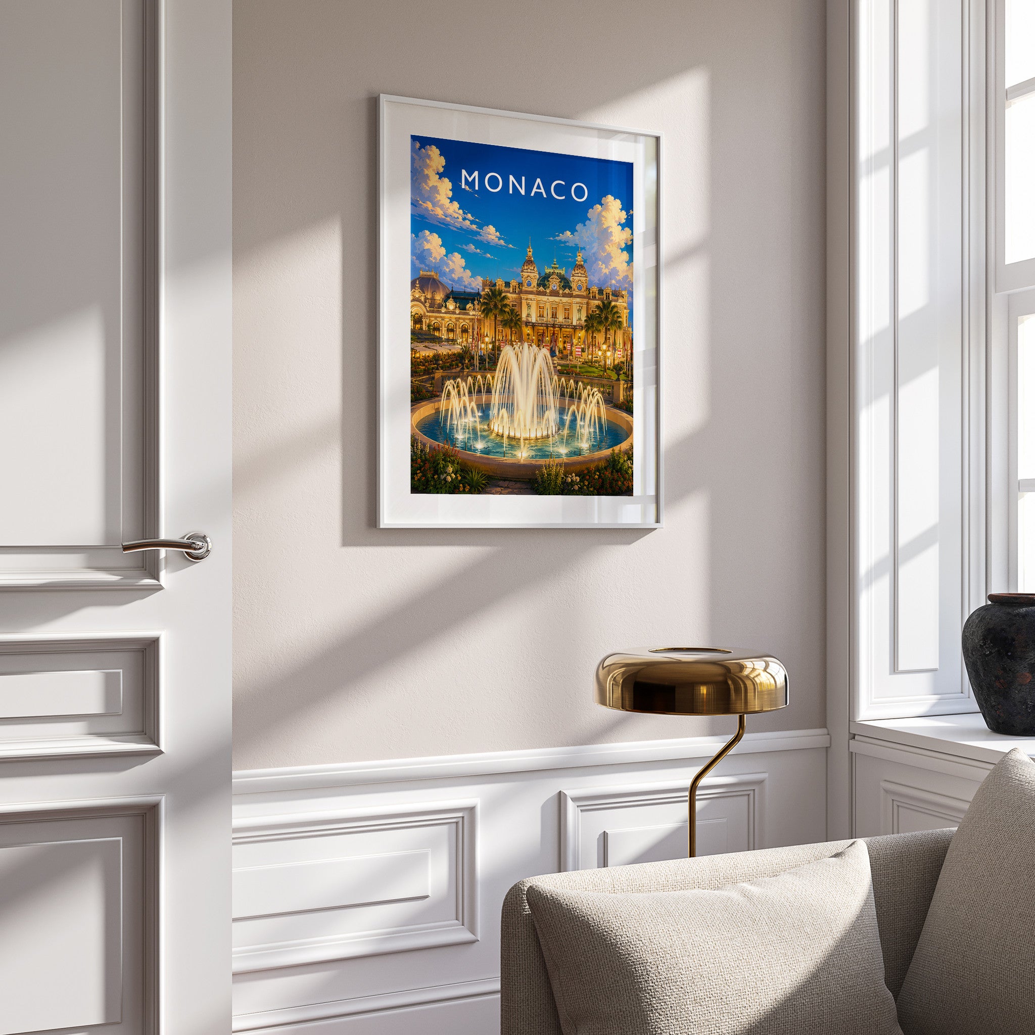 Monaco Travel Poster in a white frame on a panelled wall