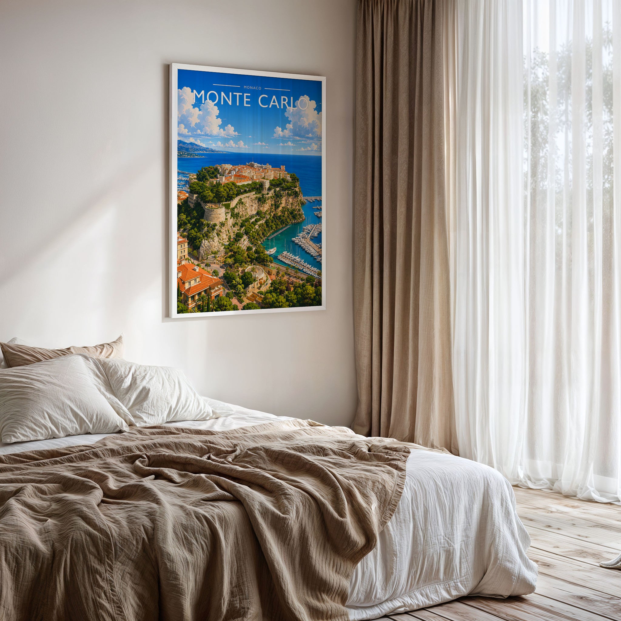 Monte Carlo #2 Travel Poster framed on a bedroom wall