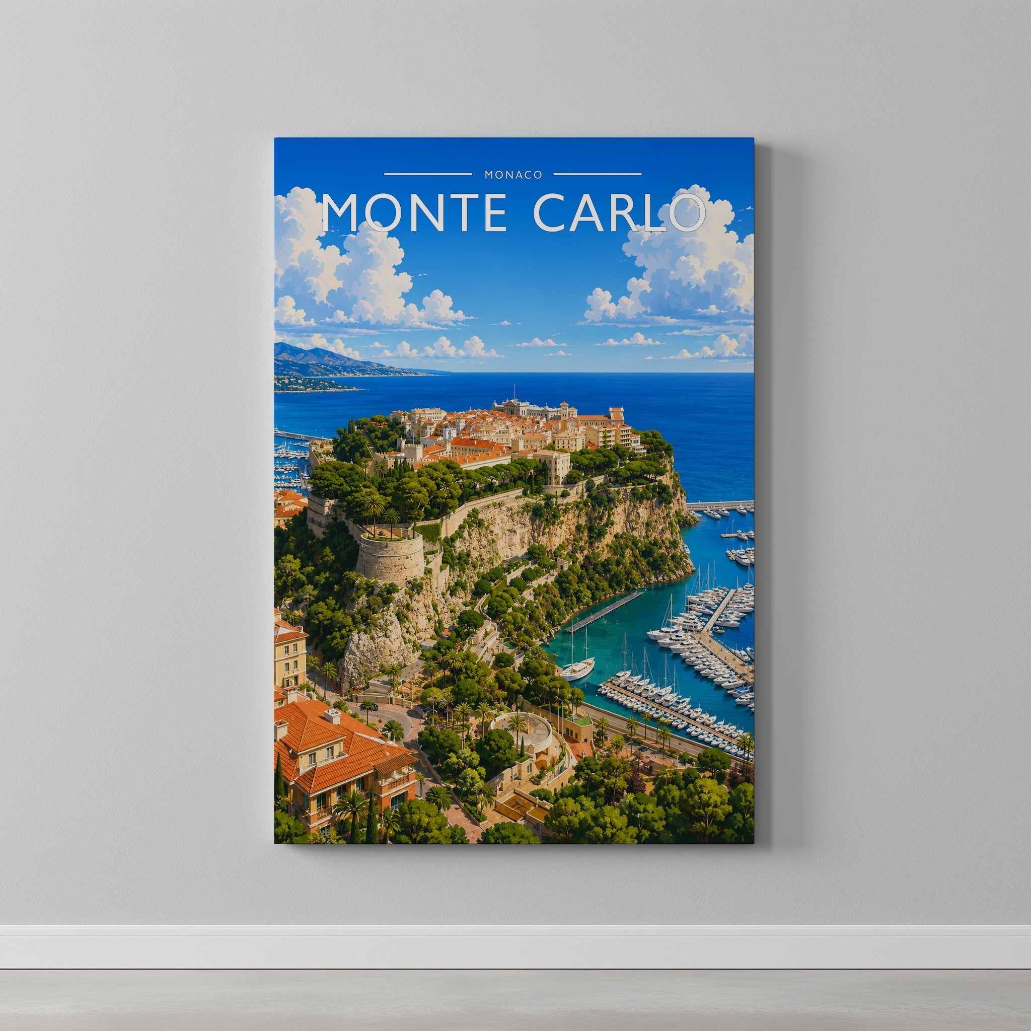 Monte Carlo #2 Travel Poster as a gallery-wrapped canvas on a plain wall