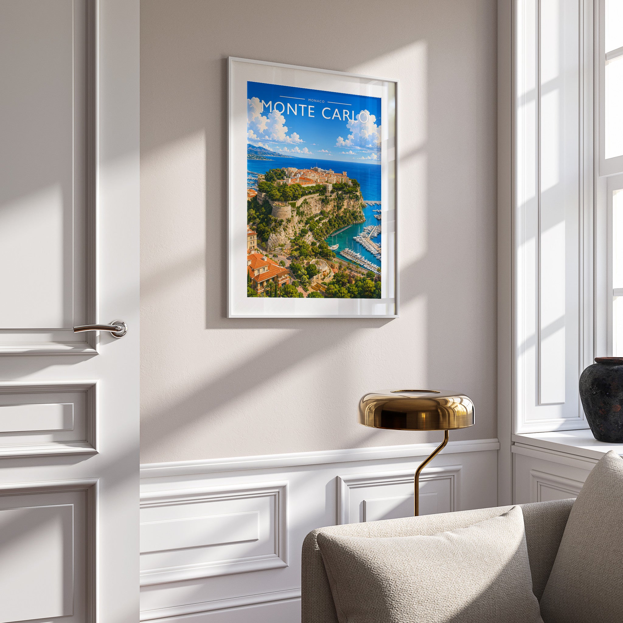 Monte Carlo #2 Travel Poster in a white frame on a panelled wall