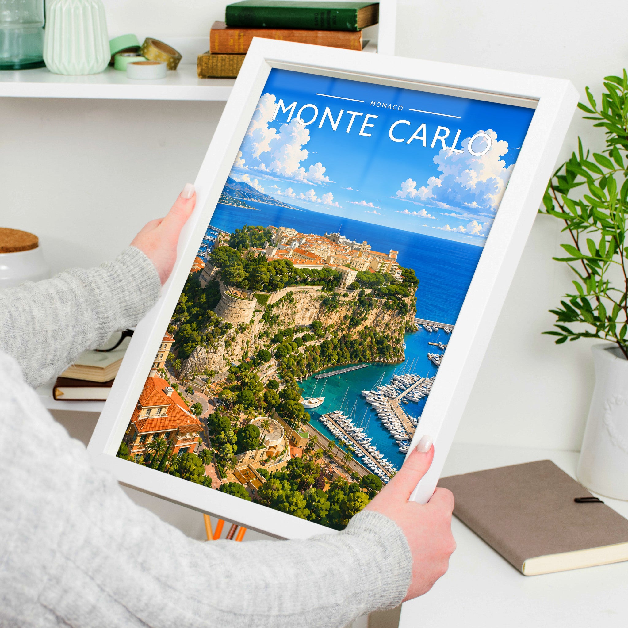 Monte Carlo #2 Travel Poster in a white frame, held to show scale