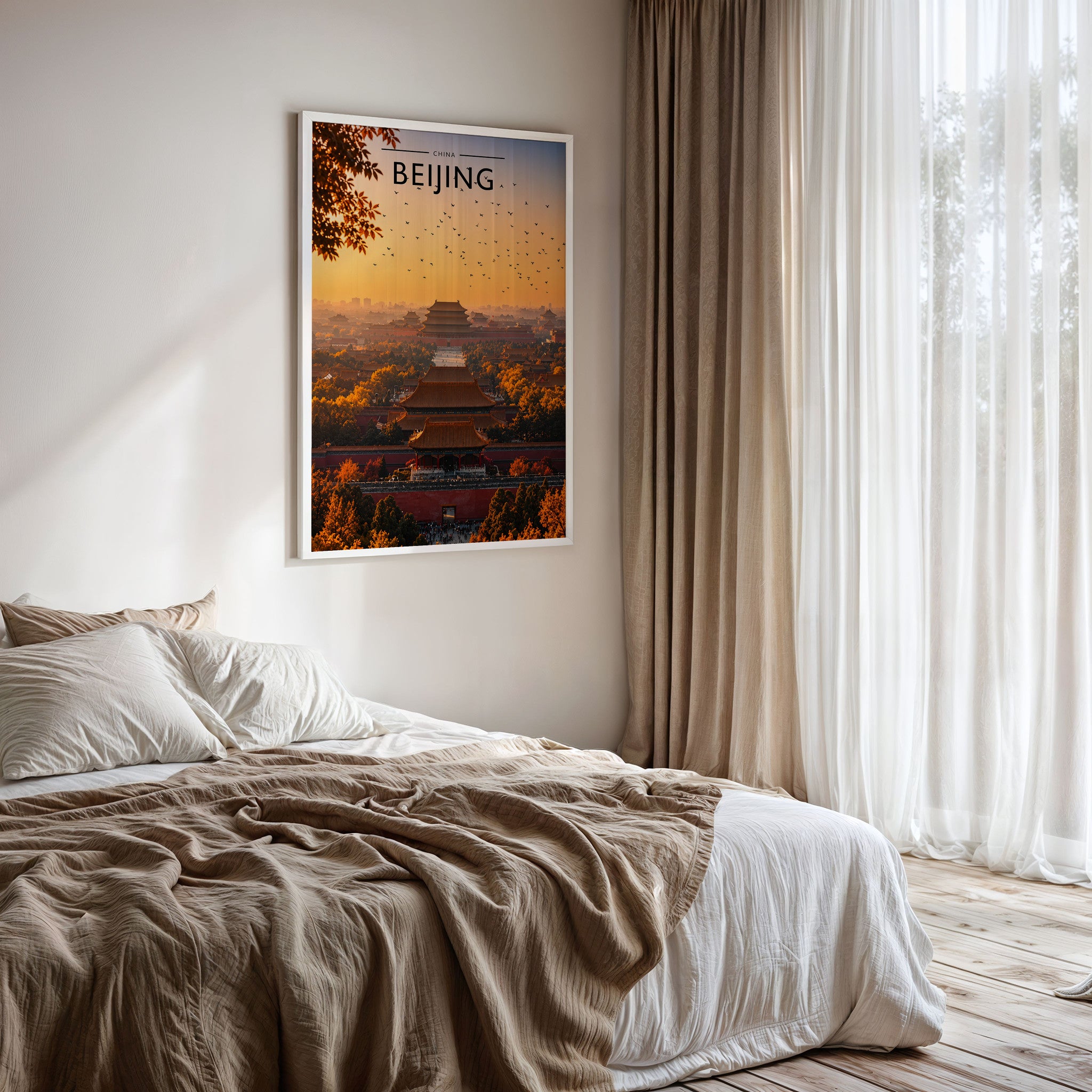 Beijing Travel Poster framed on a bedroom wall